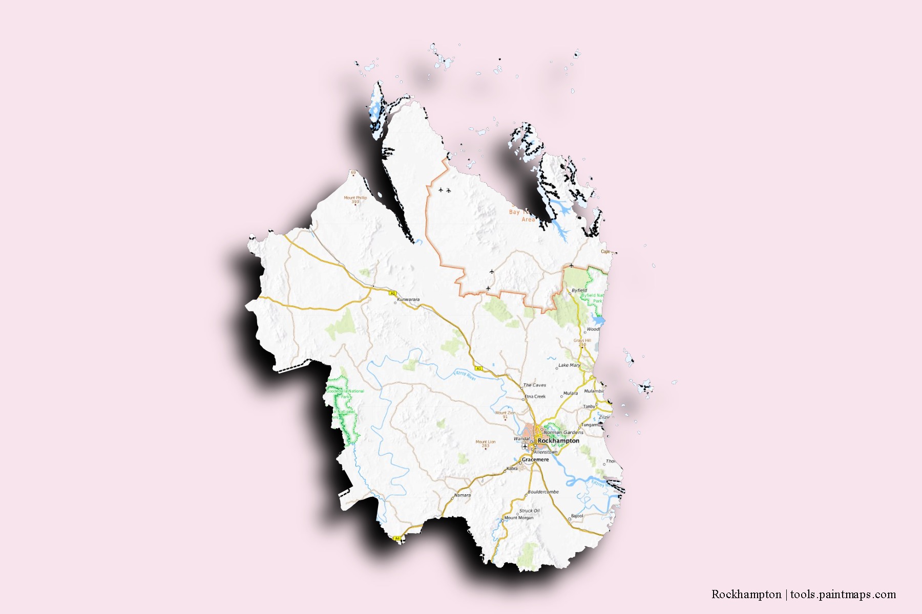 Mapa de barrios y pueblos de Rockhampton con efecto de sombra 3D