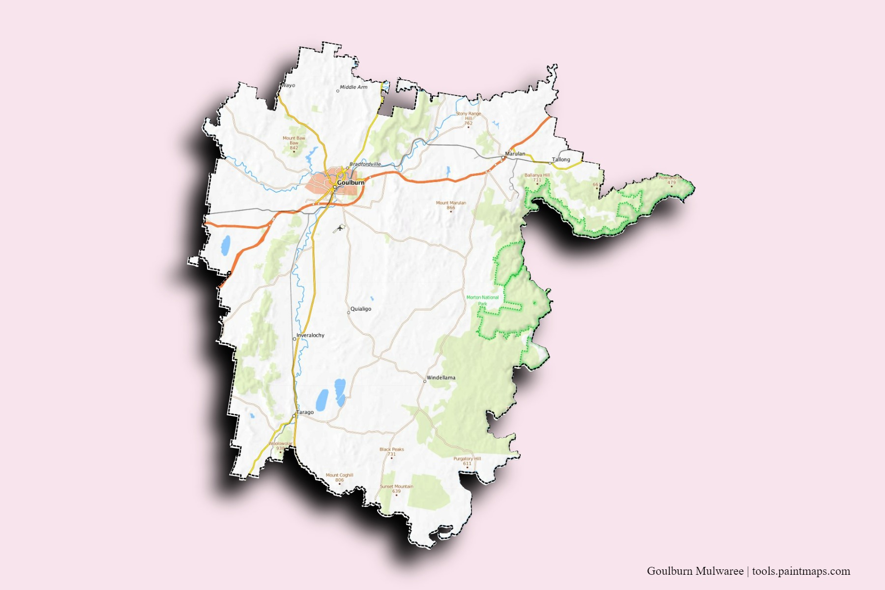 Mapa de barrios y pueblos de Goulburn Mulwaree con efecto de sombra 3D