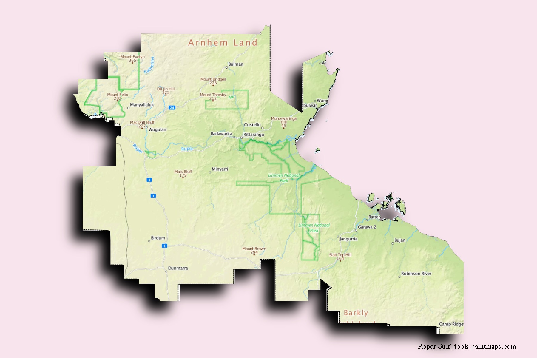 Roper Gulf neighborhoods and villages map with 3D shadow effect