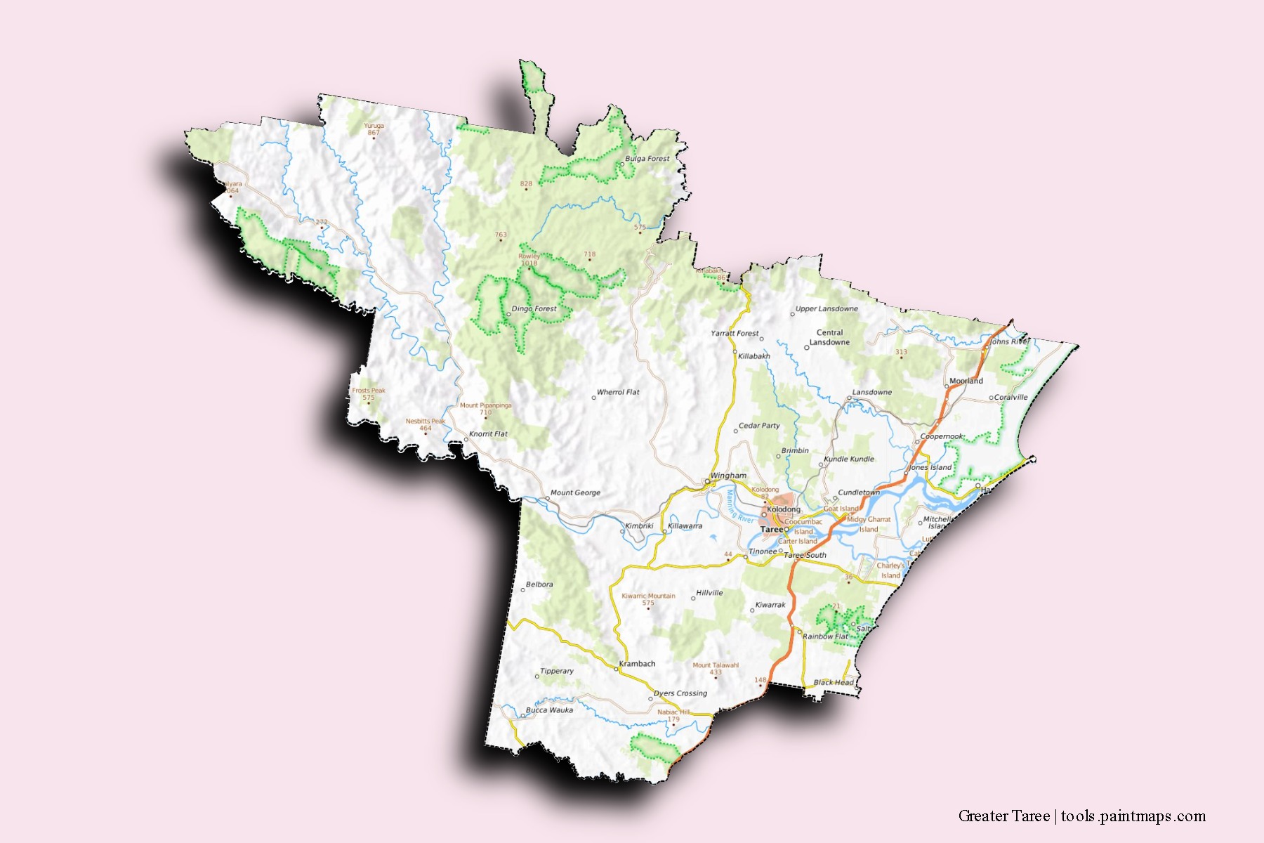 Mapa de barrios y pueblos de Greater Taree con efecto de sombra 3D