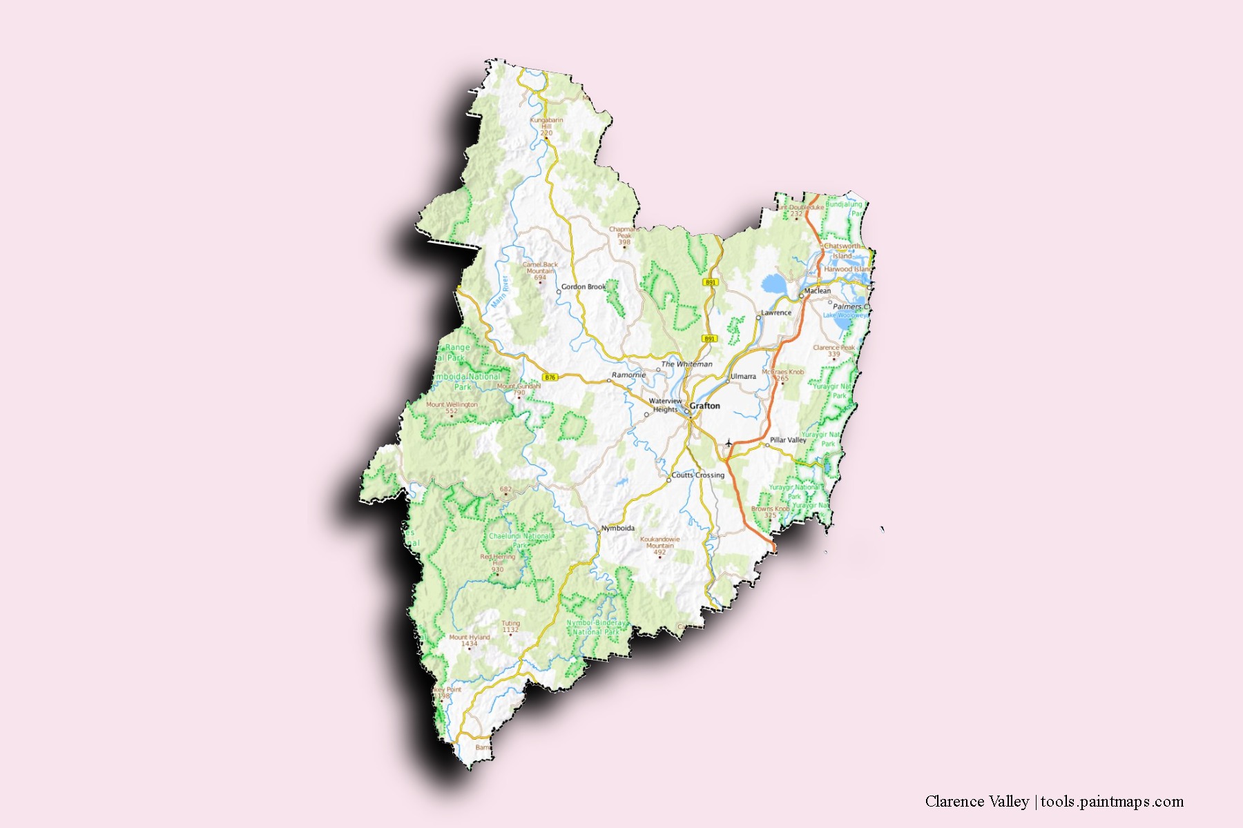 Mapa de barrios y pueblos de Clarence Valley con efecto de sombra 3D