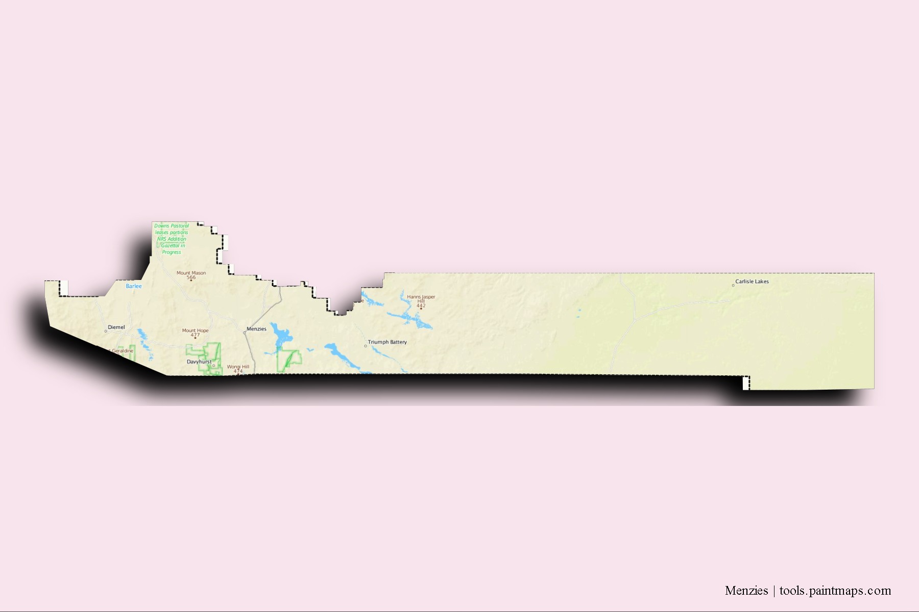 Mapa de barrios y pueblos de Menzies con efecto de sombra 3D