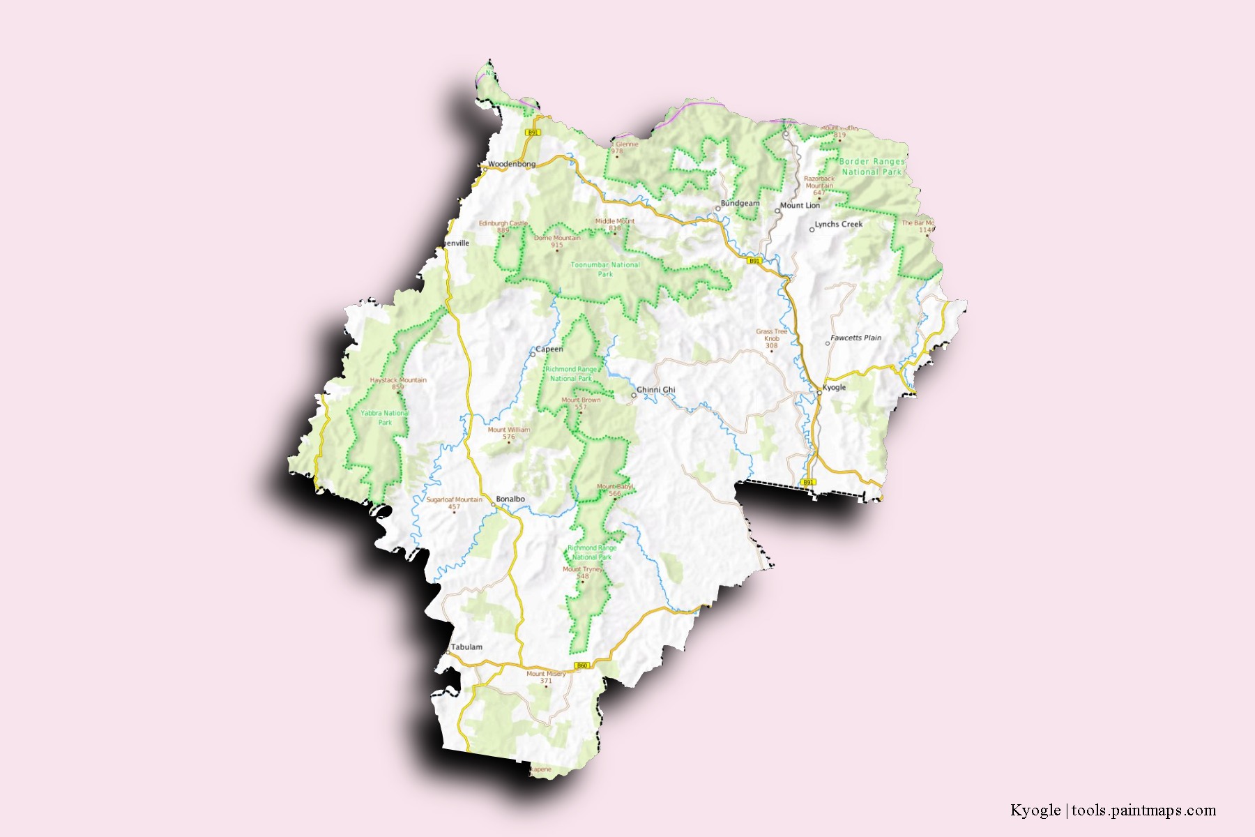 Mapa de barrios y pueblos de Kyogle con efecto de sombra 3D