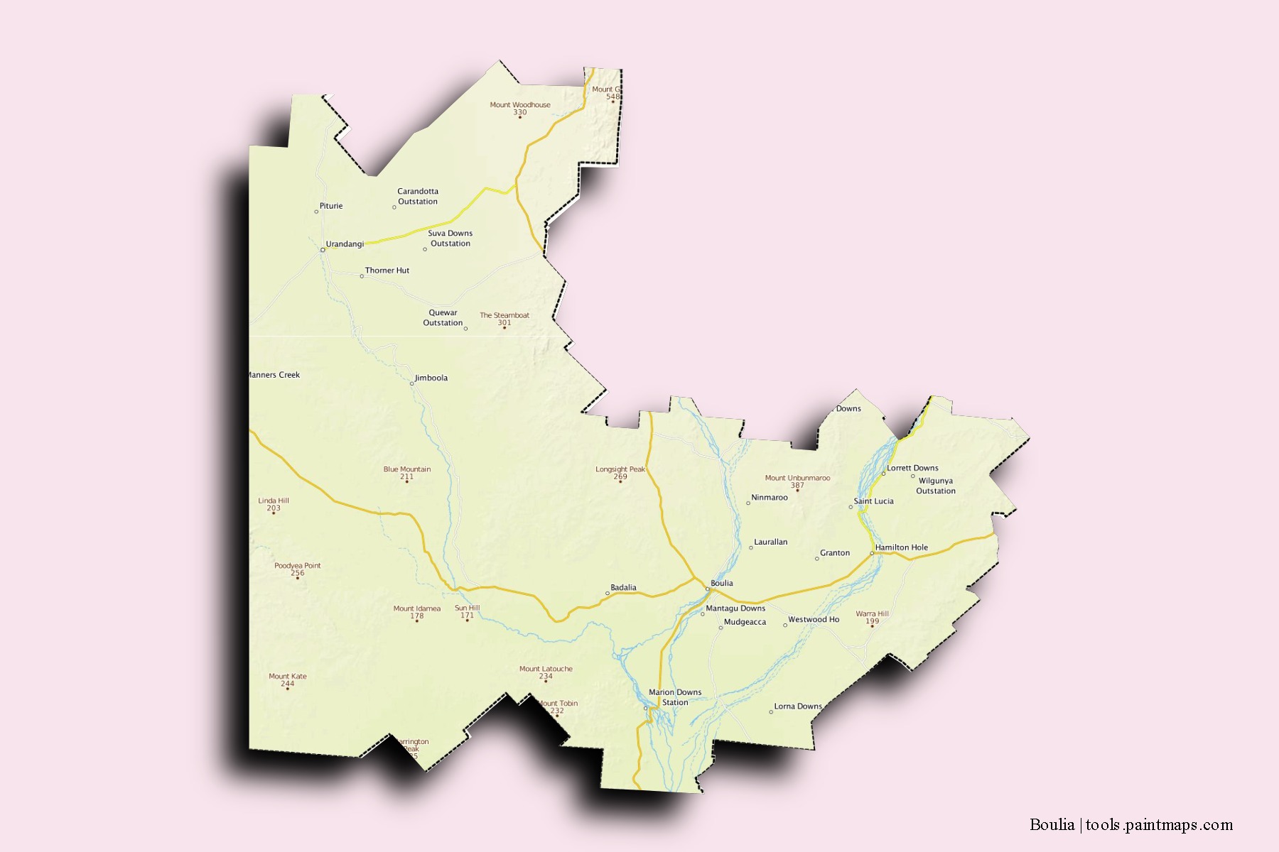 Boulia neighborhoods and villages map with 3D shadow effect