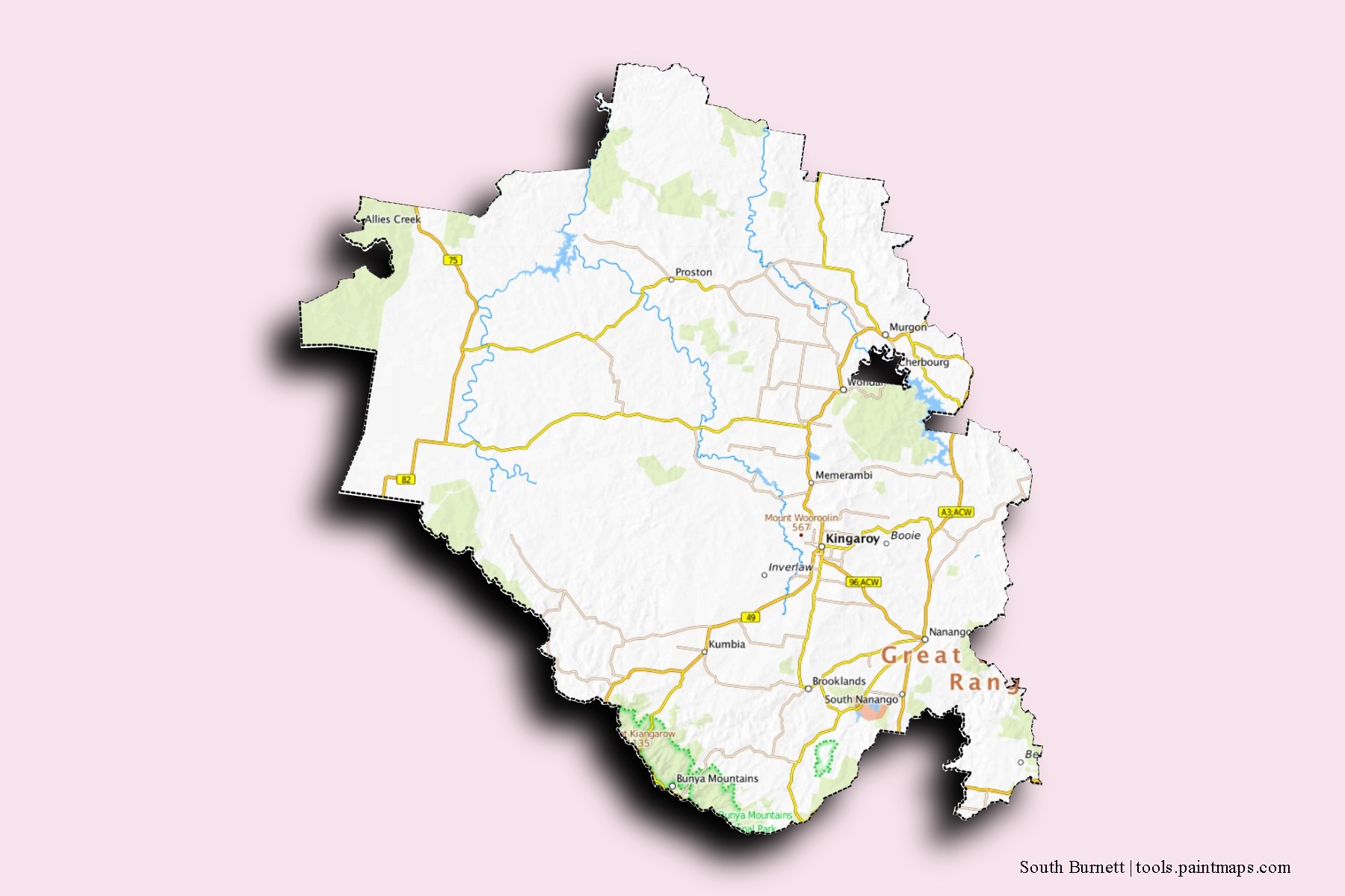 Mapa de barrios y pueblos de South Burnett con efecto de sombra 3D