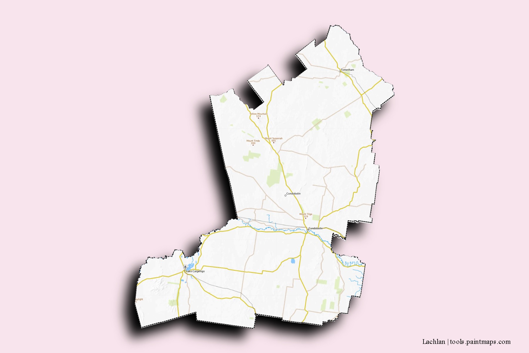 Mapa de barrios y pueblos de Lachlan con efecto de sombra 3D