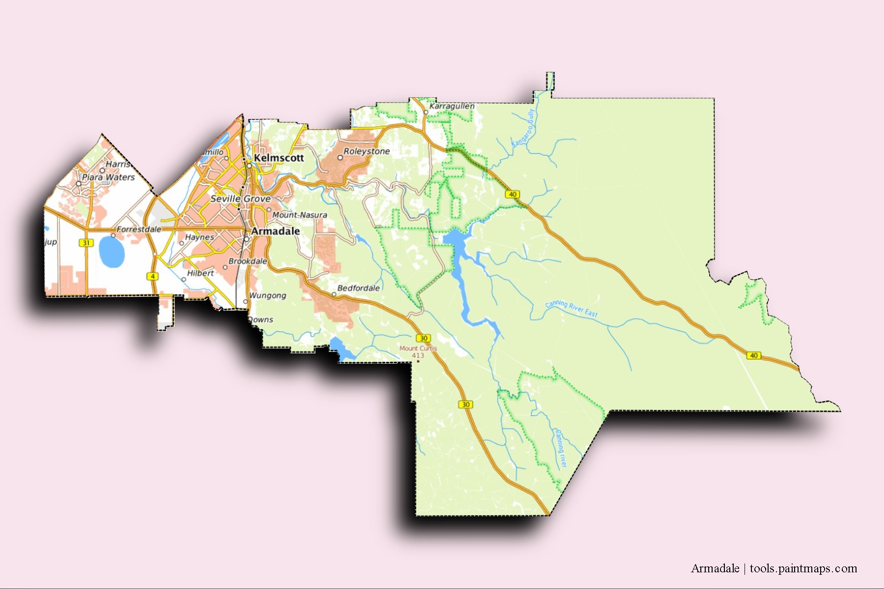 Mapa de barrios y pueblos de Armadale con efecto de sombra 3D