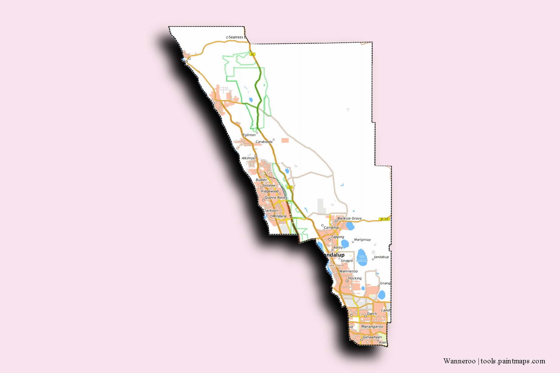 Mapa de barrios y pueblos de Wanneroo con efecto de sombra 3D