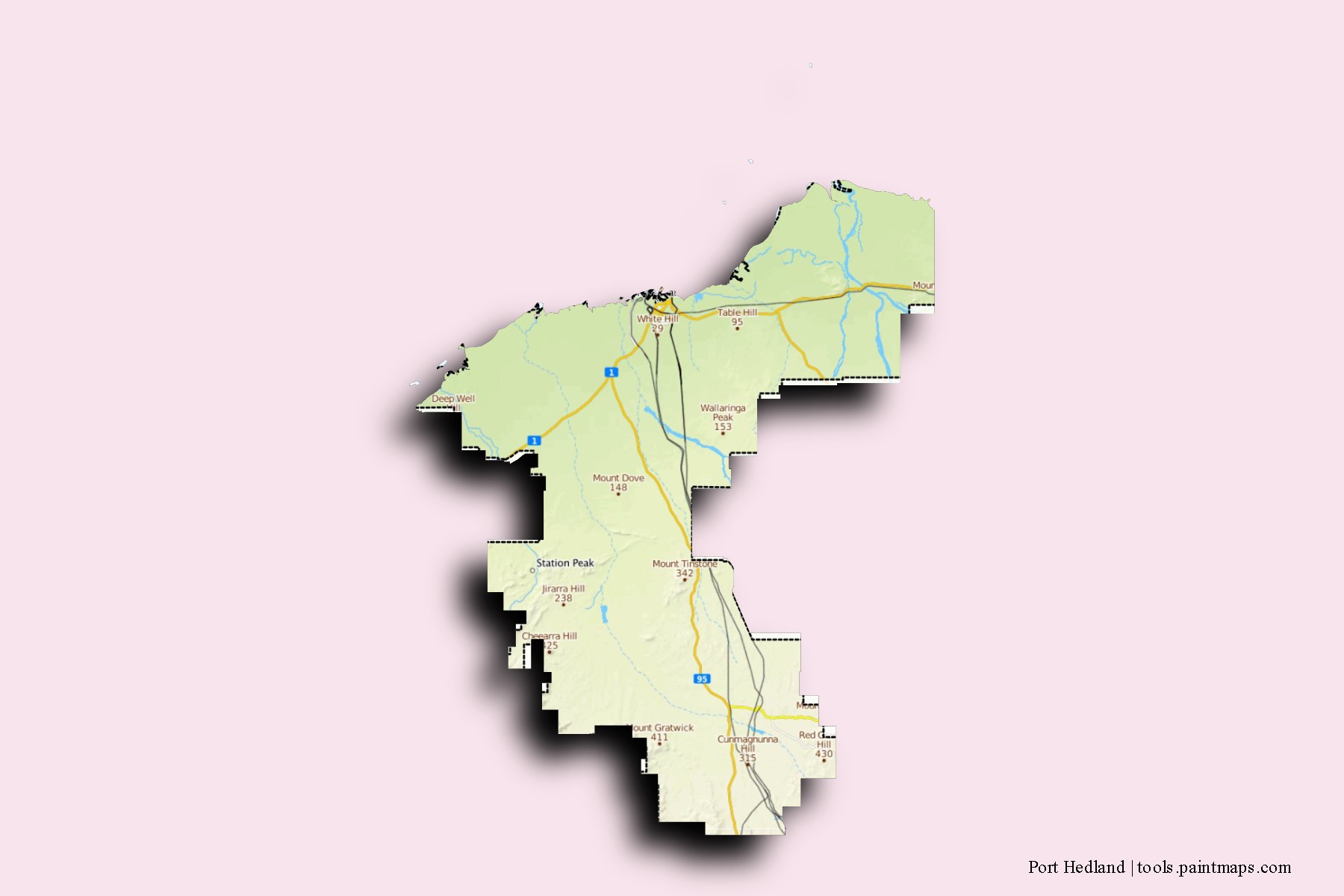 Mapa de barrios y pueblos de Port Hedland con efecto de sombra 3D