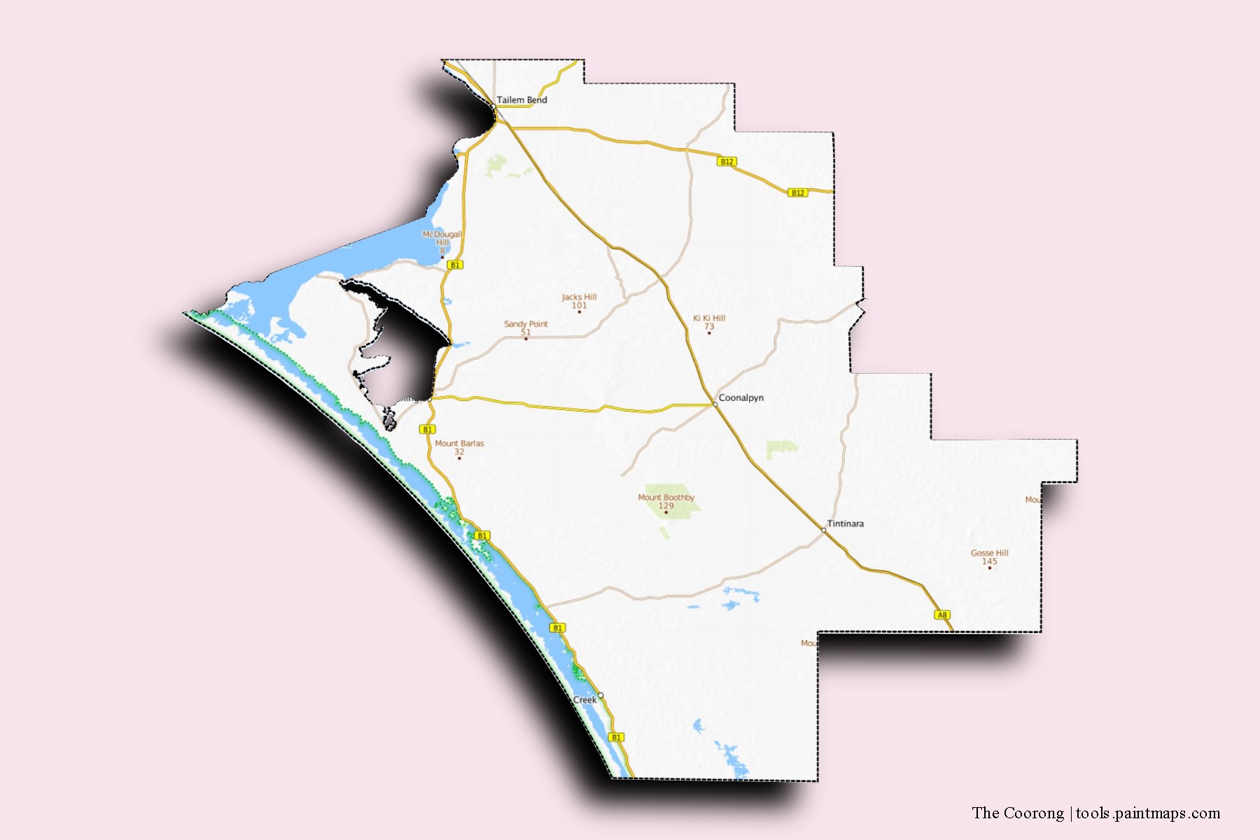 The Coorong neighborhoods and villages map with 3D shadow effect