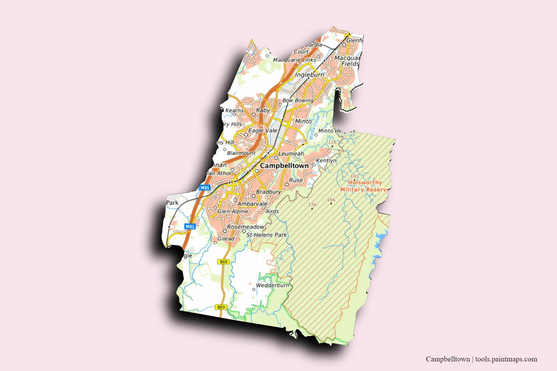 Mapa de barrios y pueblos de Campbelltown con efecto de sombra 3D