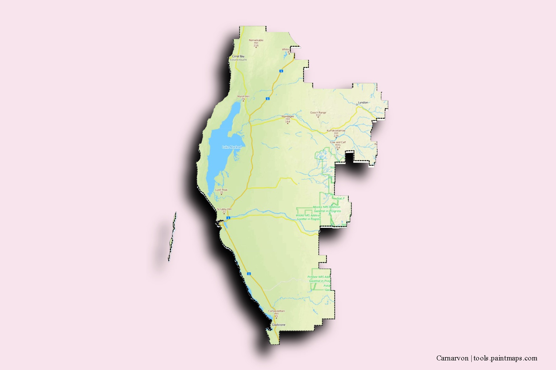 Carnarvon neighborhoods and villages map with 3D shadow effect