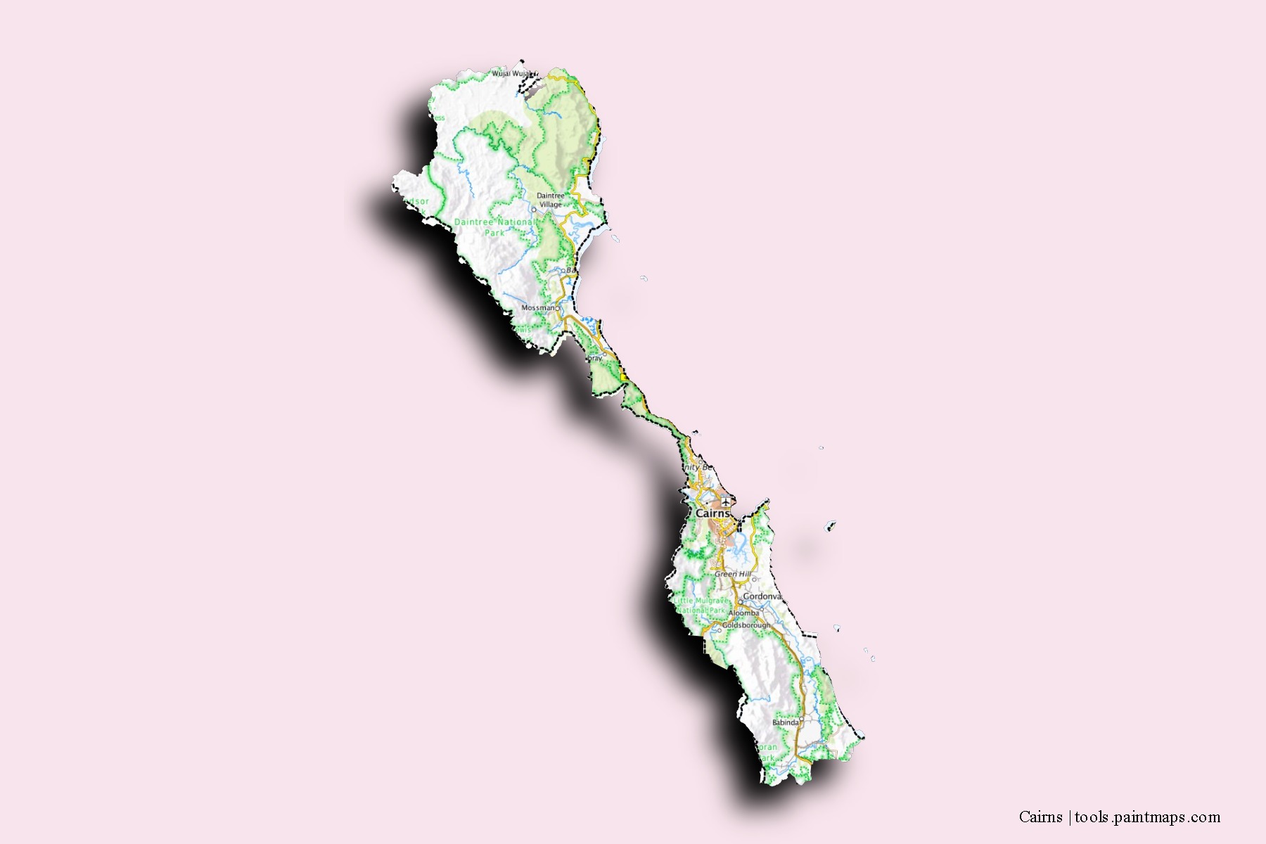 Cairns neighborhoods and villages map with 3D shadow effect