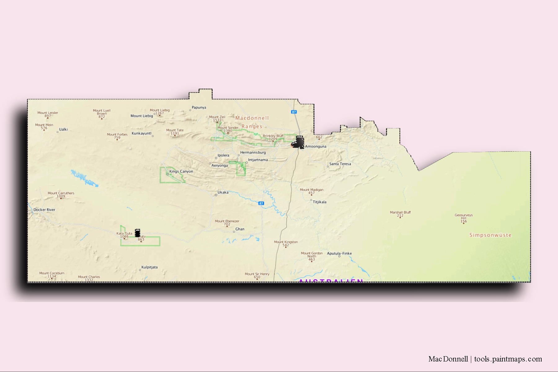 MacDonnell neighborhoods and villages map with 3D shadow effect