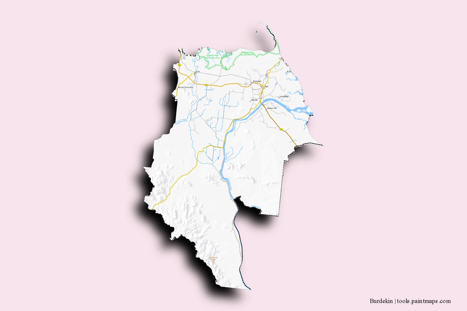 Burdekin neighborhoods and villages map with 3D shadow effect