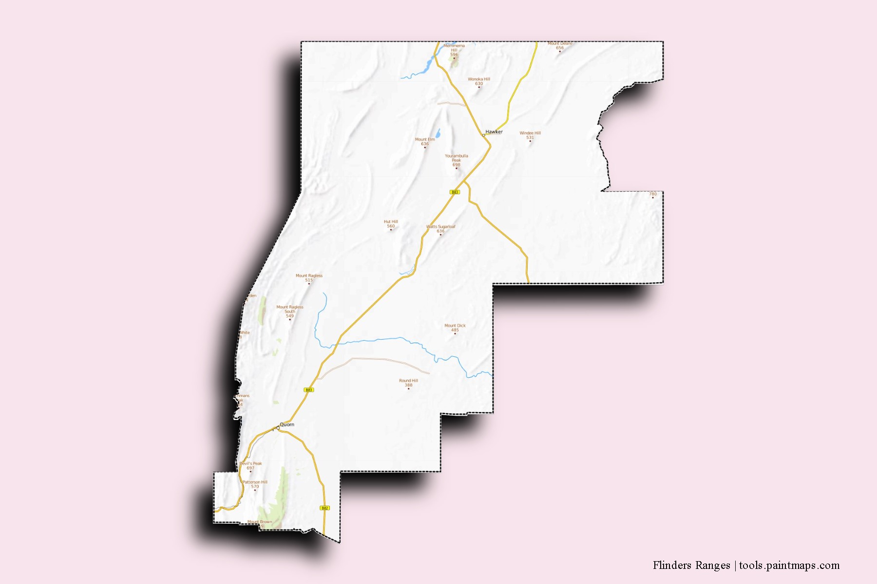 Flinders Ranges neighborhoods and villages map with 3D shadow effect