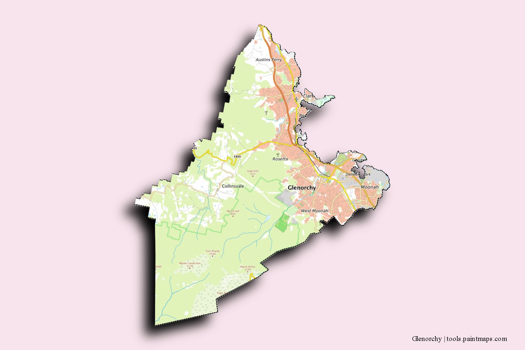 Glenorchy neighborhoods and villages map with 3D shadow effect