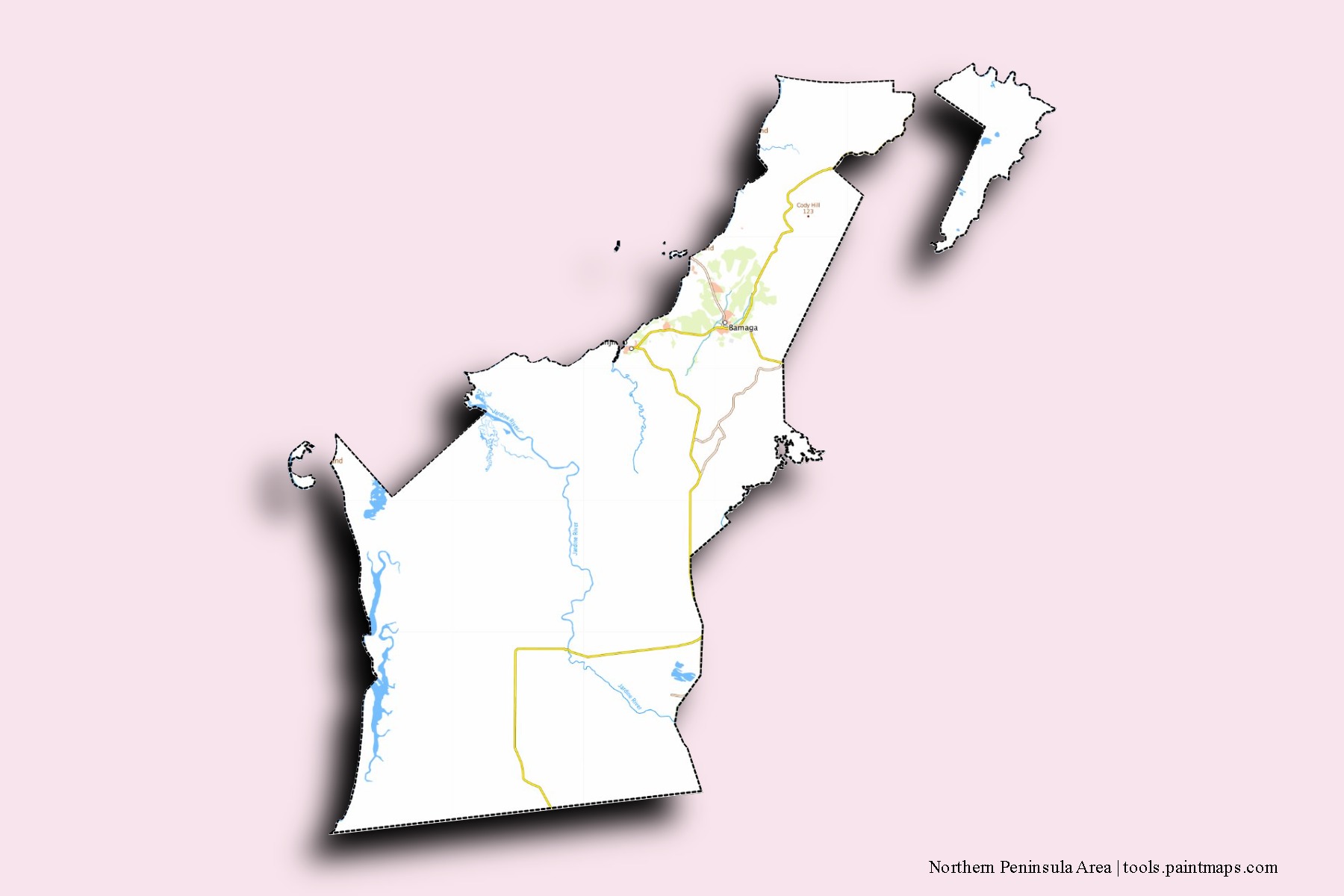 Northern Peninsula Area neighborhoods and villages map with 3D shadow effect