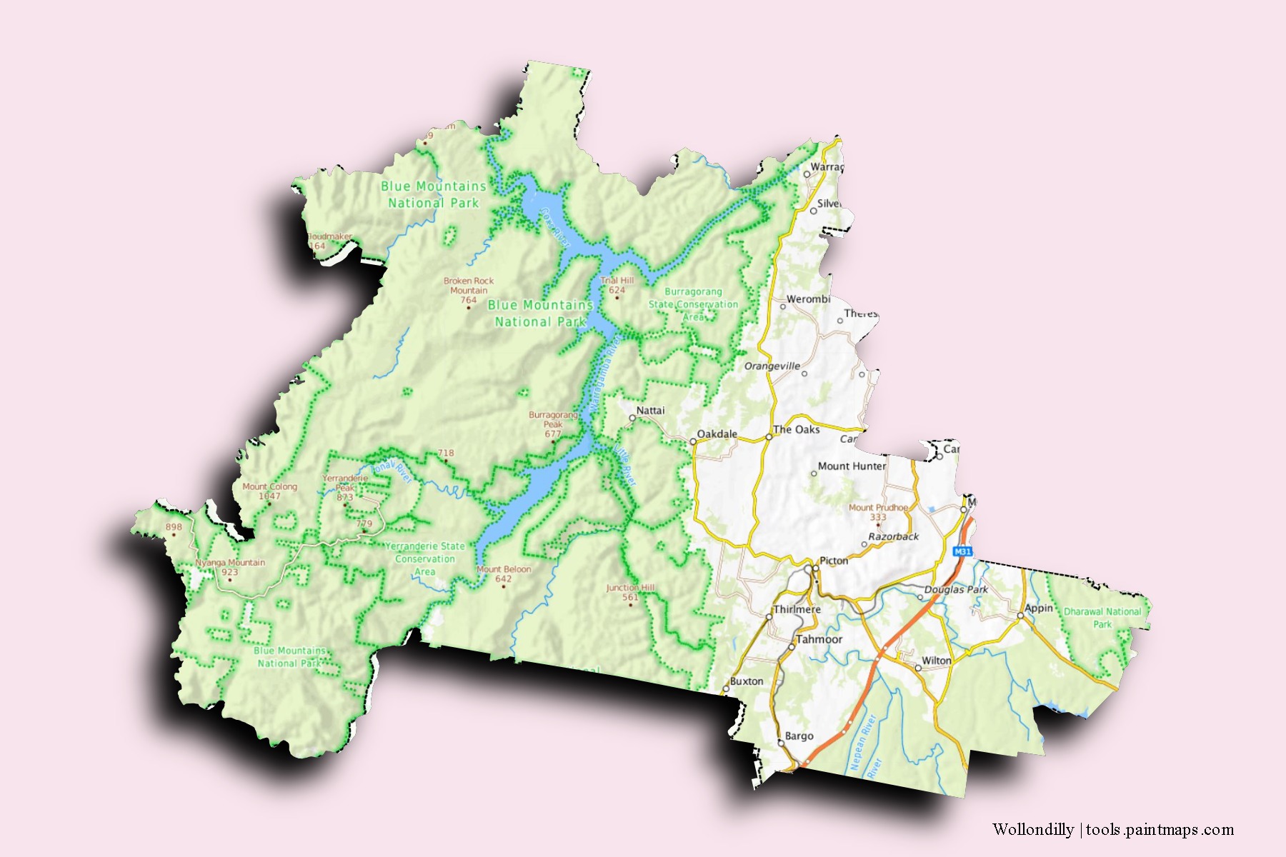 Mapa de barrios y pueblos de Wollondilly con efecto de sombra 3D