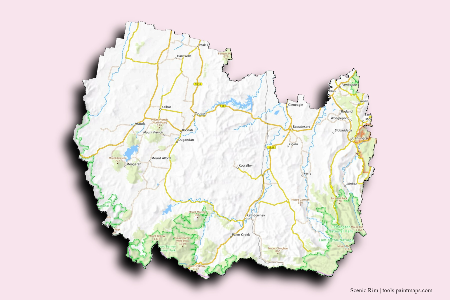 Mapa de barrios y pueblos de Scenic Rim con efecto de sombra 3D