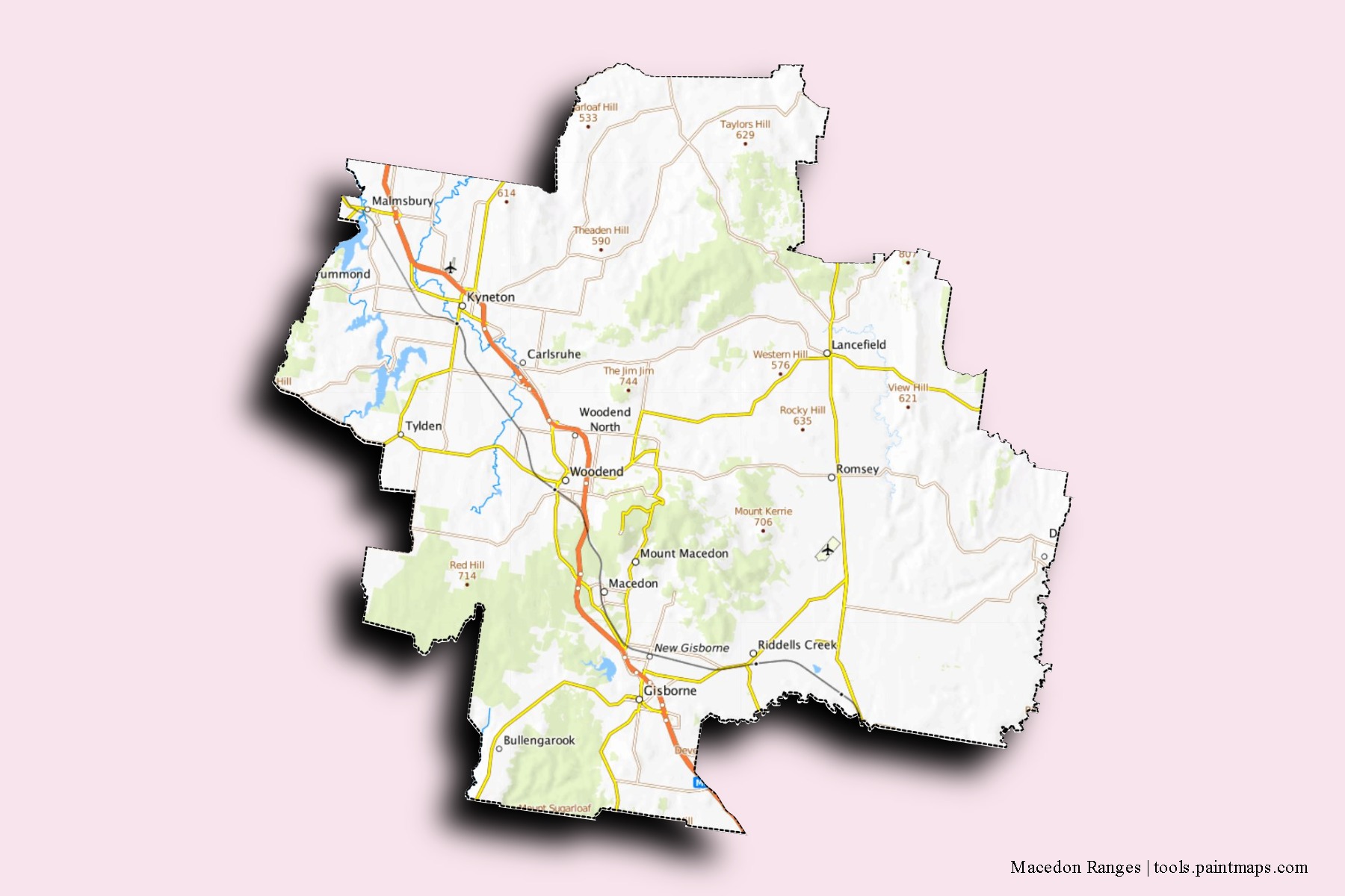 Mapa de barrios y pueblos de Macedon Ranges con efecto de sombra 3D