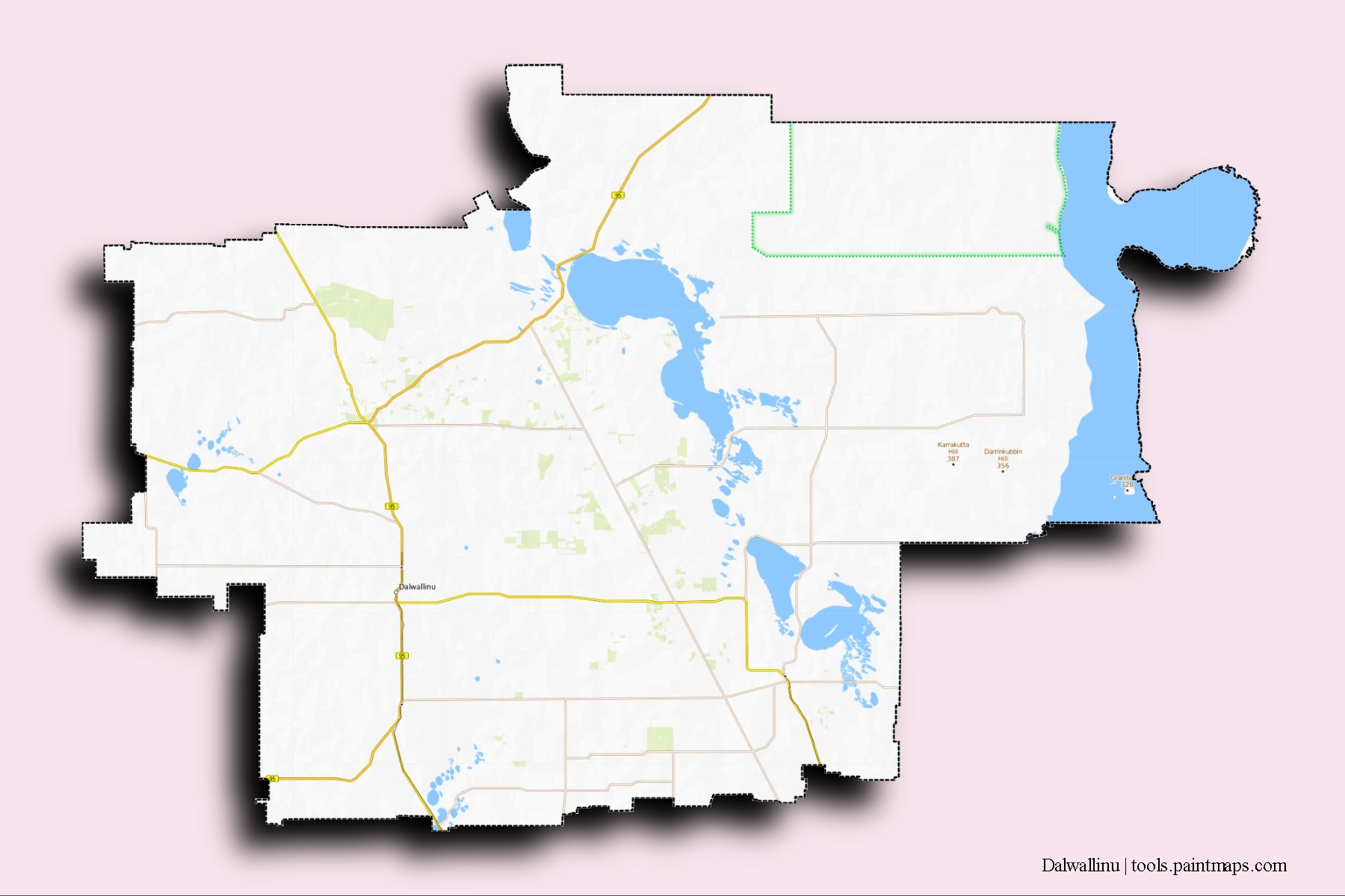 Mapa de barrios y pueblos de Dalwallinu con efecto de sombra 3D