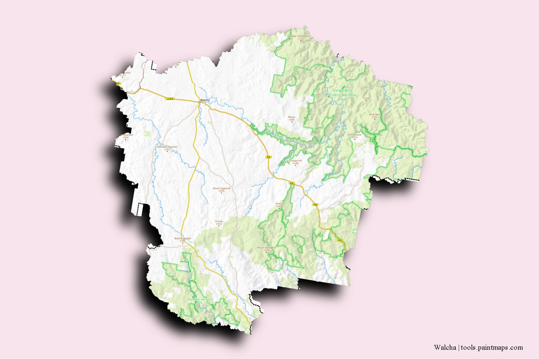 Mapa de barrios y pueblos de Walcha con efecto de sombra 3D