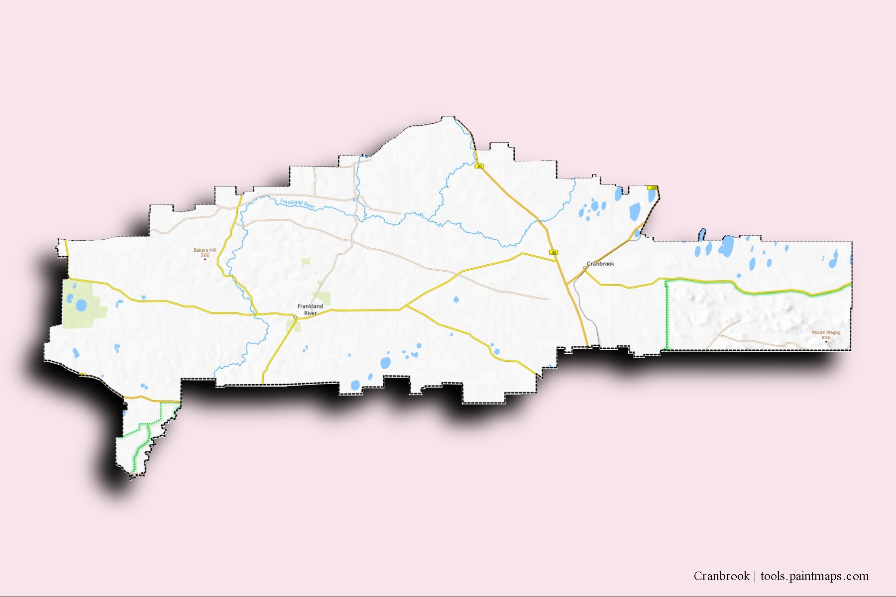 Mapa de barrios y pueblos de Cranbrook con efecto de sombra 3D