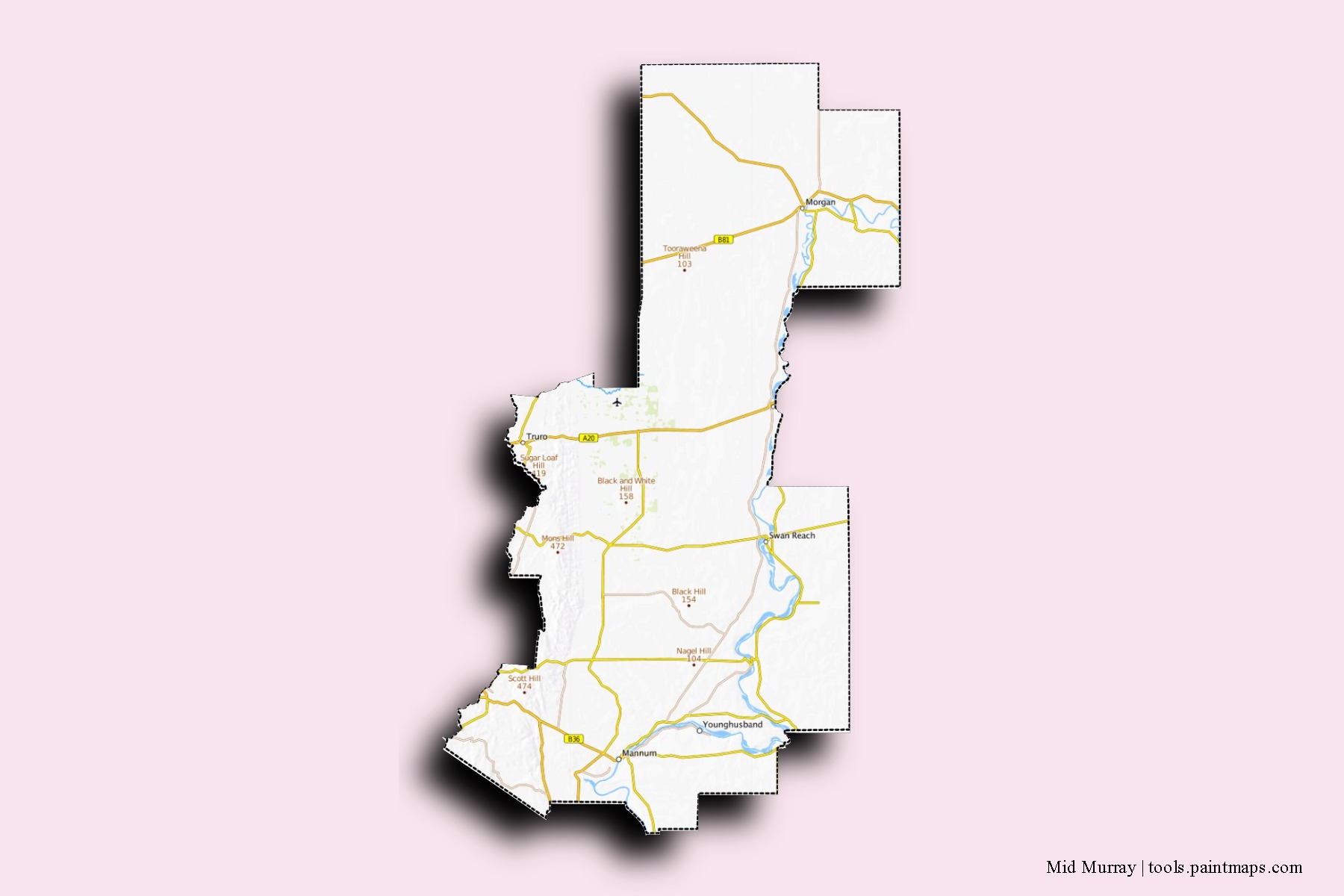 Mapa de barrios y pueblos de Mid Murray con efecto de sombra 3D