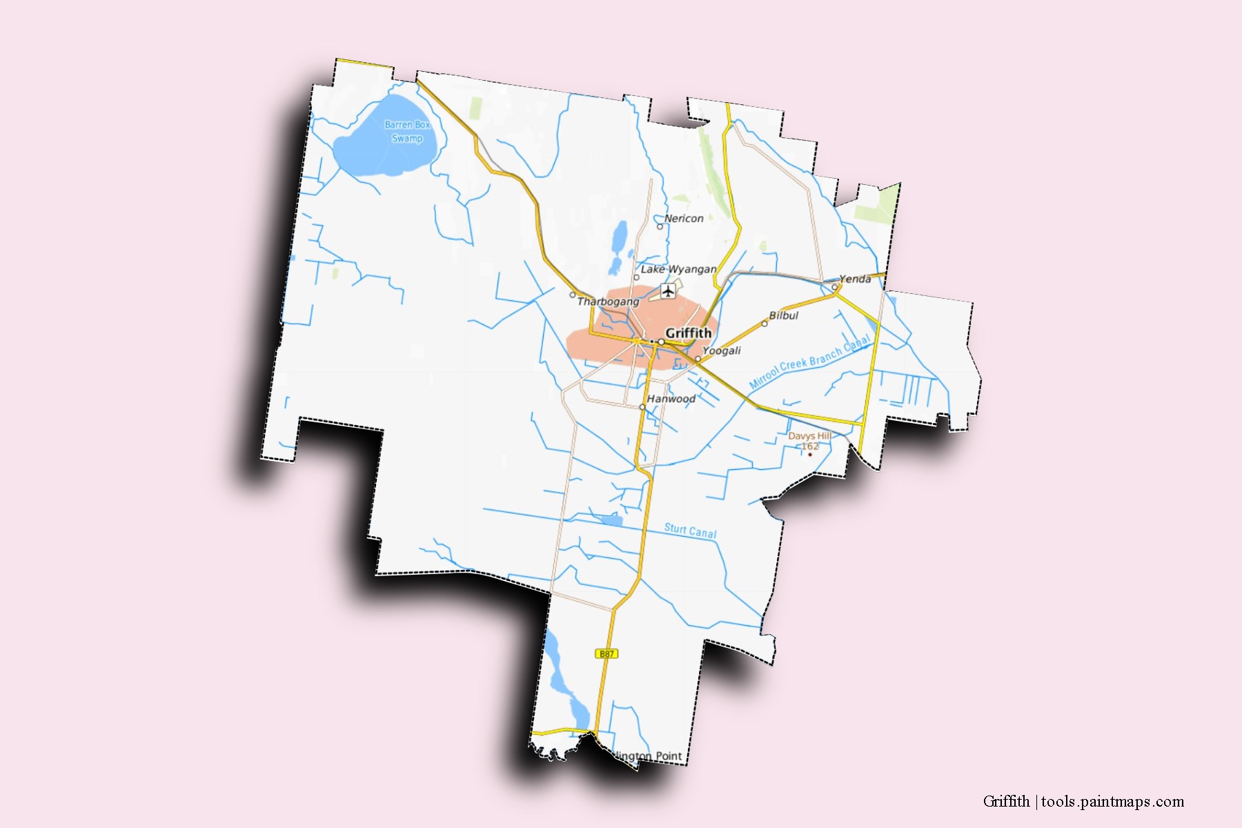 Mapa de barrios y pueblos de Griffith con efecto de sombra 3D