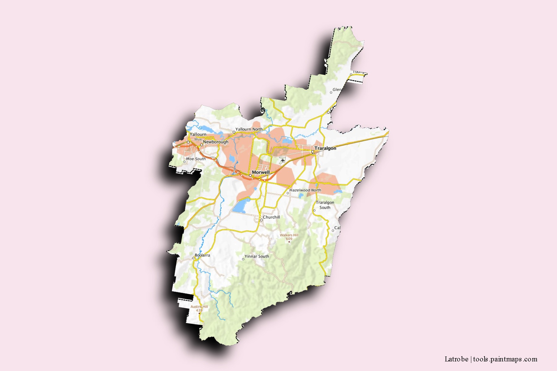 Mapa de barrios y pueblos de Latrobe con efecto de sombra 3D