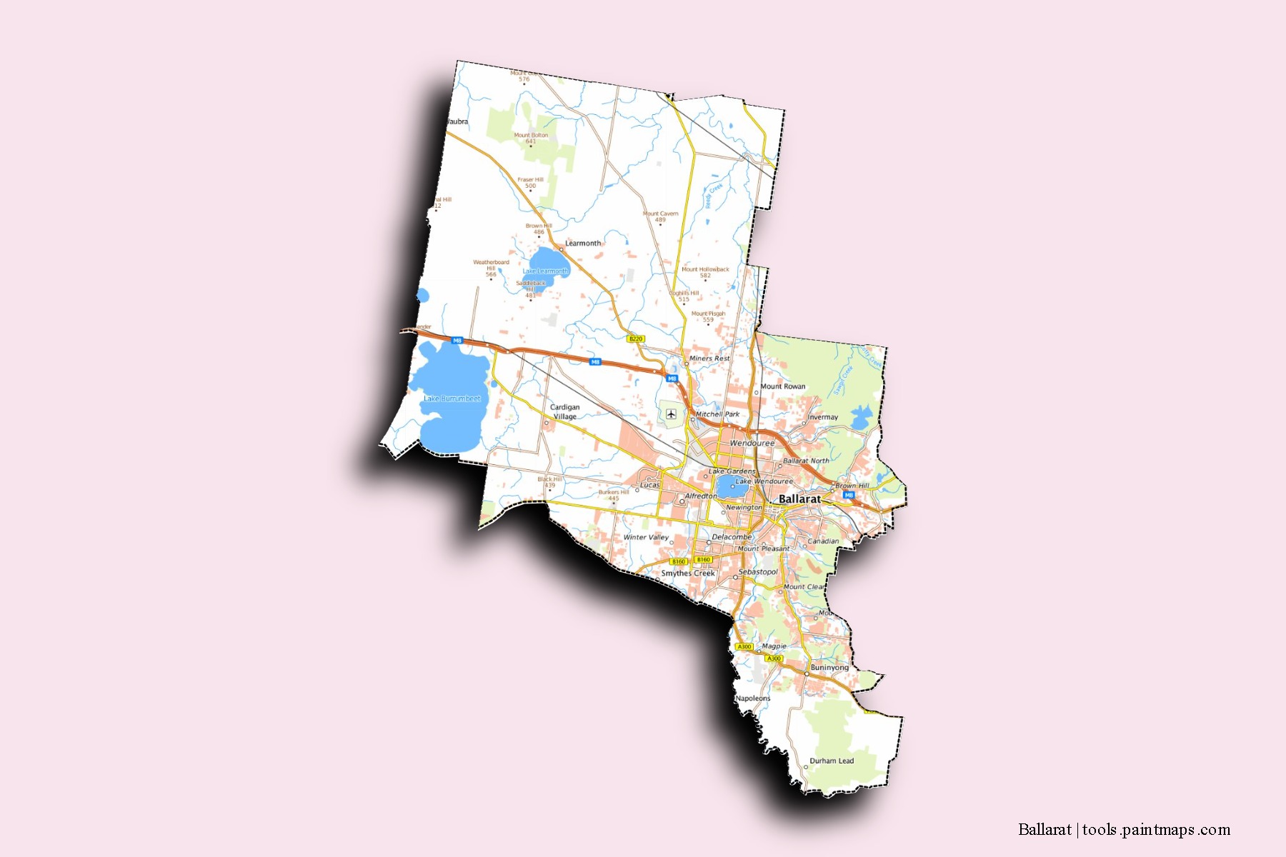 Ballarat neighborhoods and villages map with 3D shadow effect