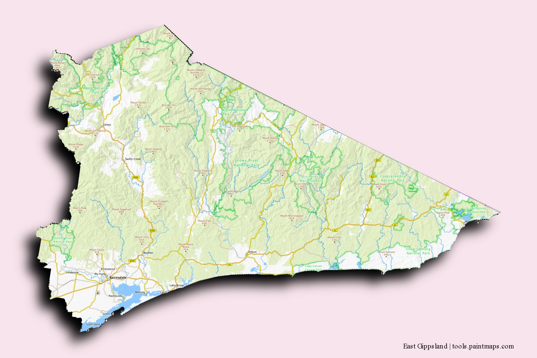 Mapa de barrios y pueblos de East Gippsland con efecto de sombra 3D