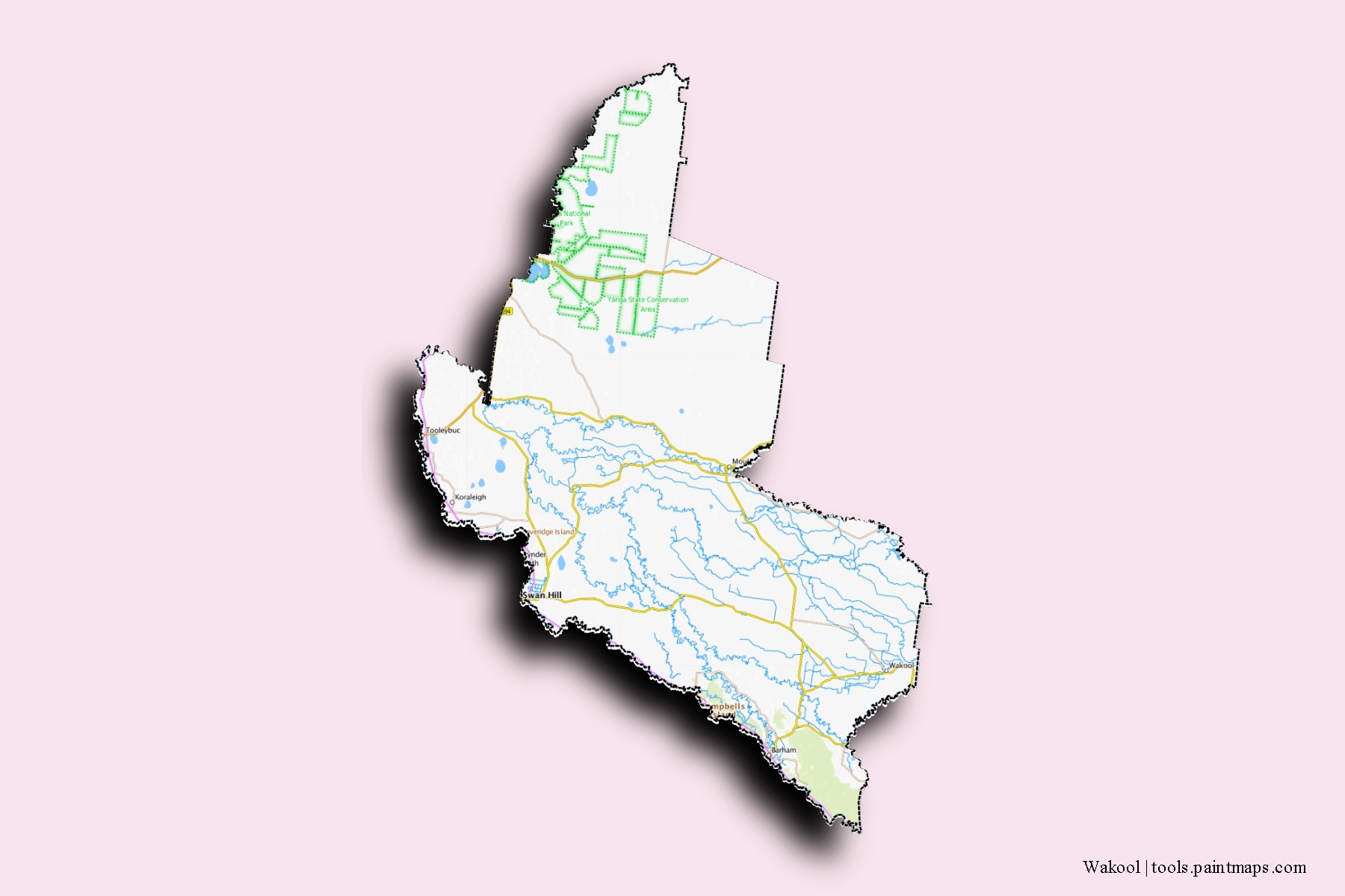 Mapa de barrios y pueblos de Wakool con efecto de sombra 3D