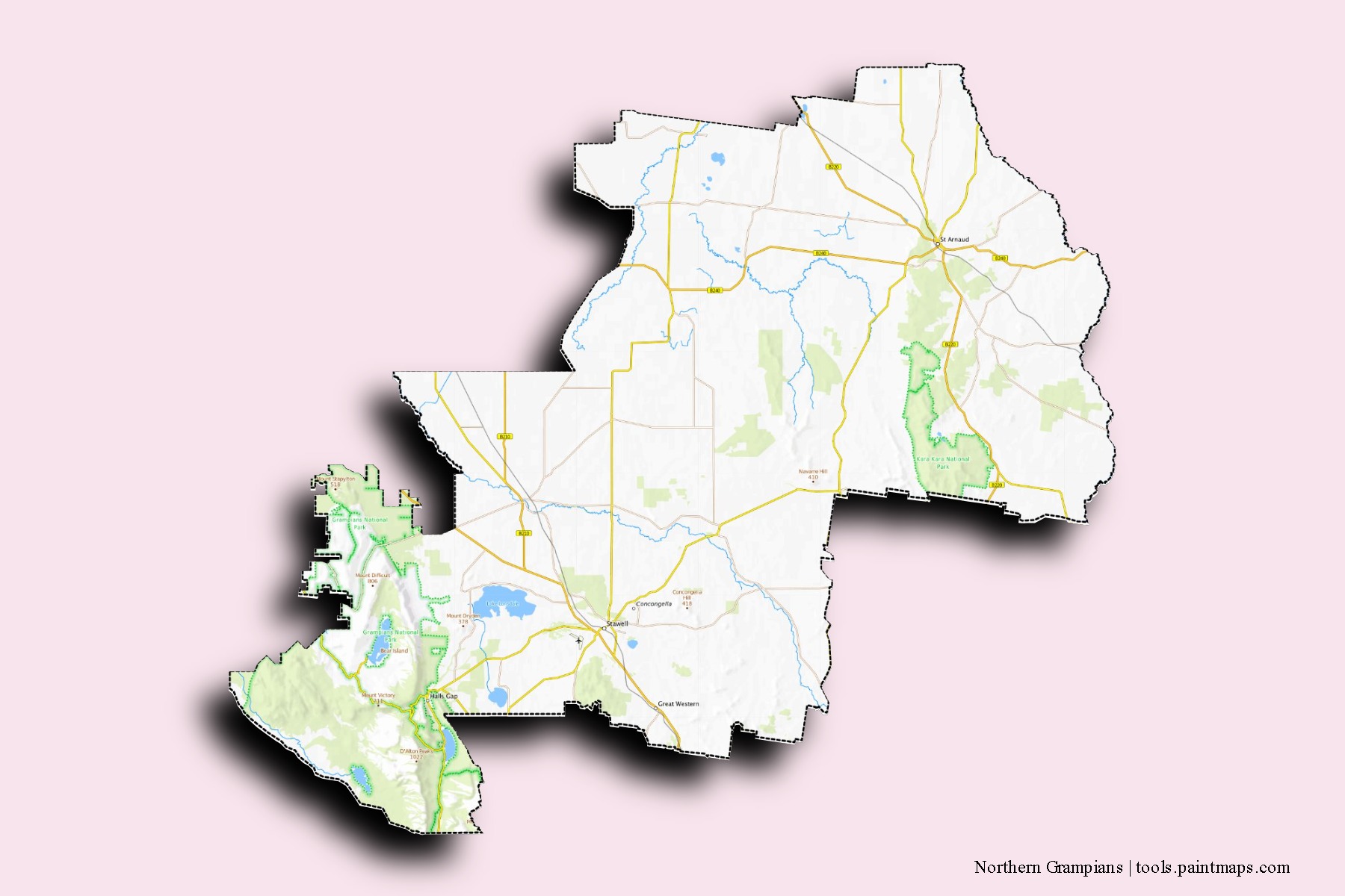 Northern Grampians neighborhoods and villages map with 3D shadow effect