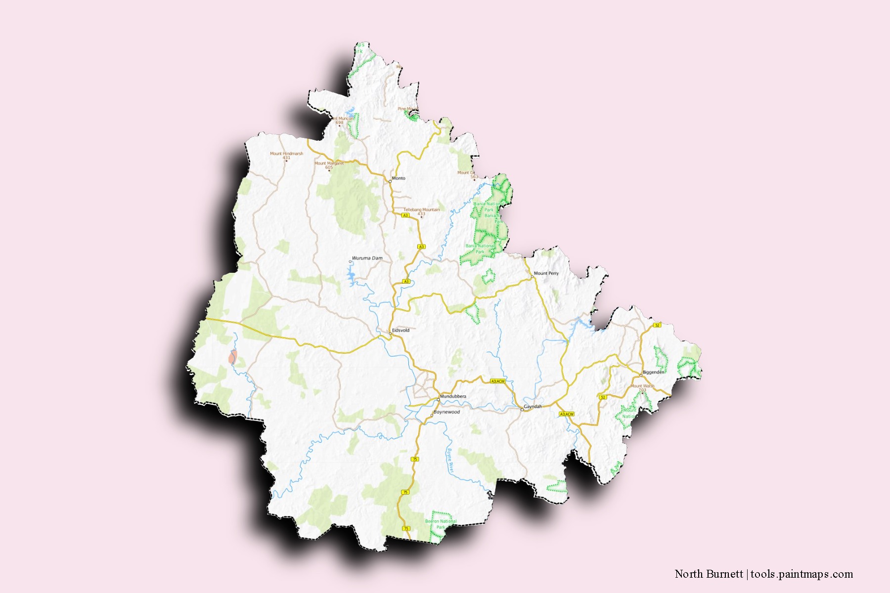 Mapa de barrios y pueblos de North Burnett con efecto de sombra 3D