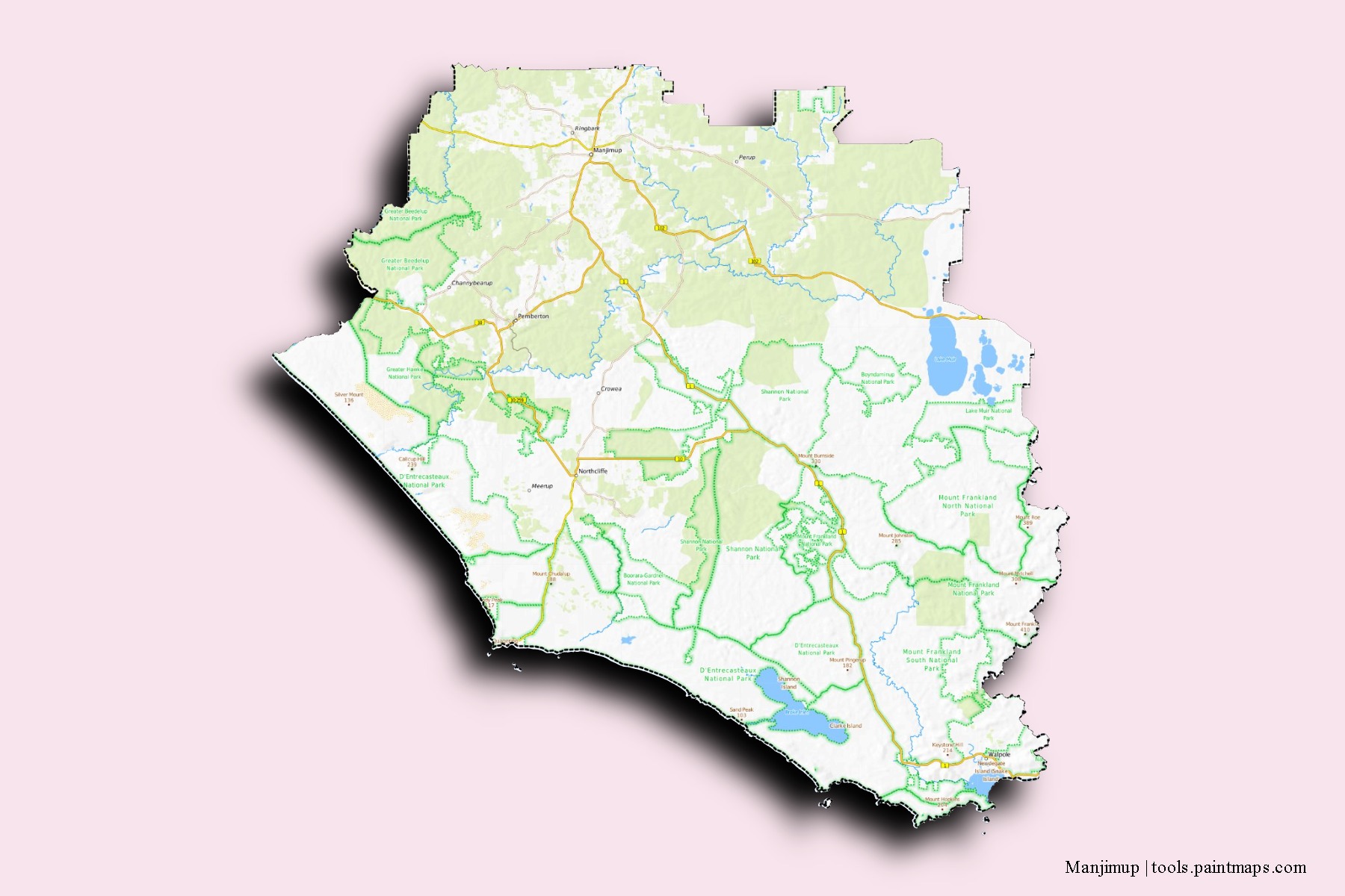 Mapa de barrios y pueblos de Manjimup con efecto de sombra 3D