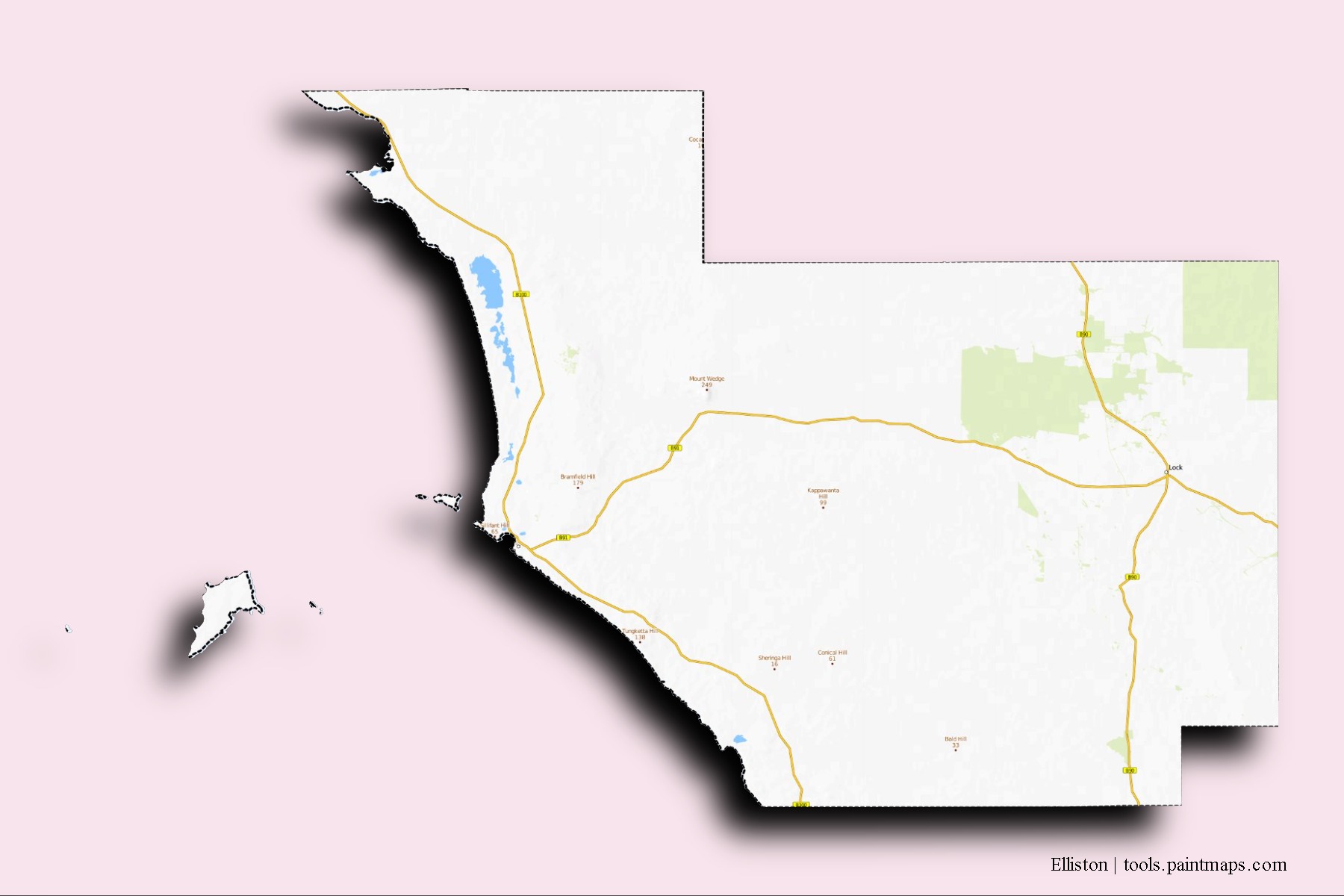 Mapa de barrios y pueblos de Elliston con efecto de sombra 3D