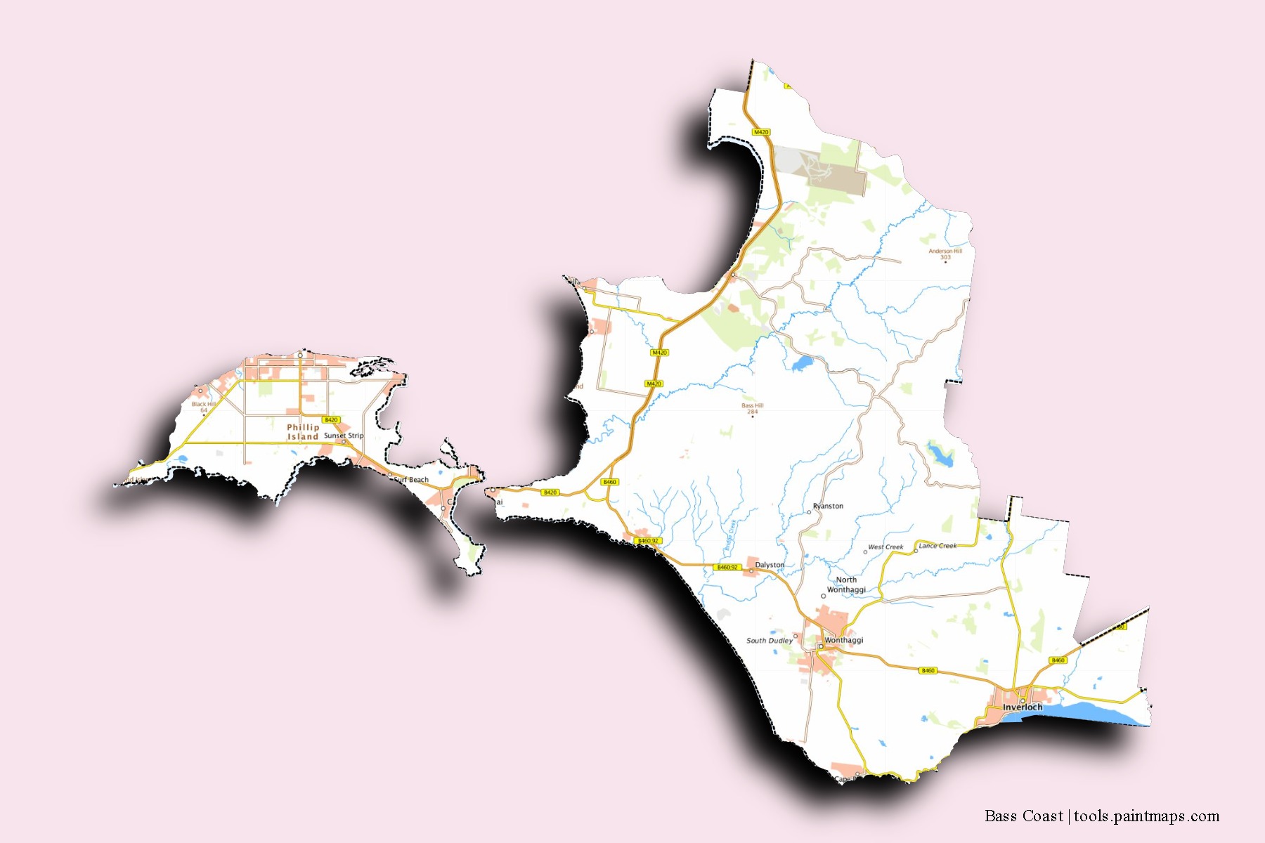 Mapa de barrios y pueblos de Bass Coast con efecto de sombra 3D