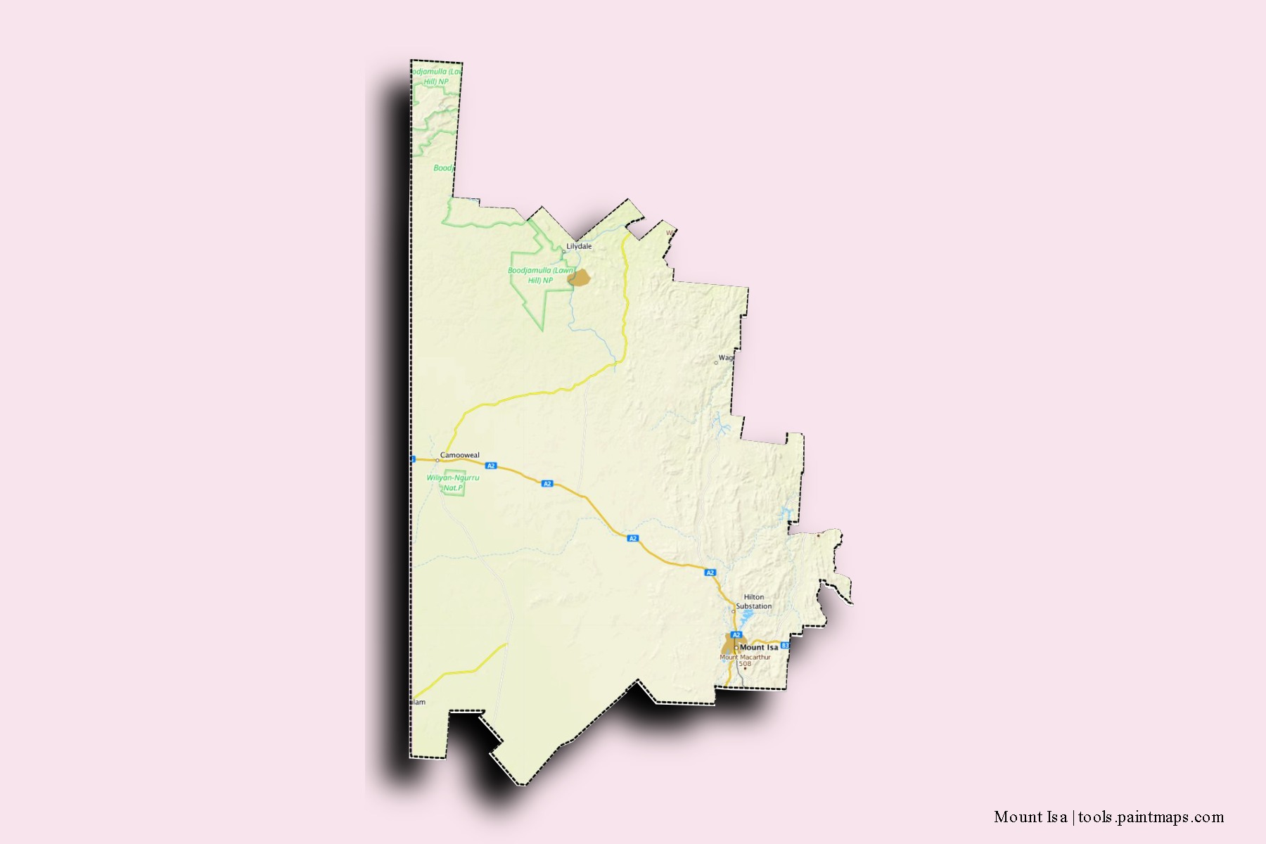 Mount Isa neighborhoods and villages map with 3D shadow effect