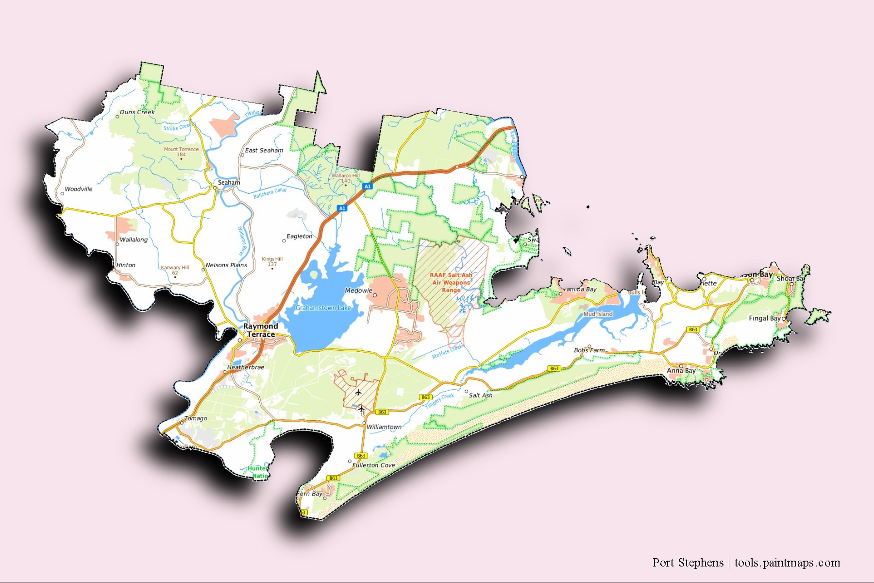 3D gölge efektli Port Stephens mahalleleri ve köyleri haritası