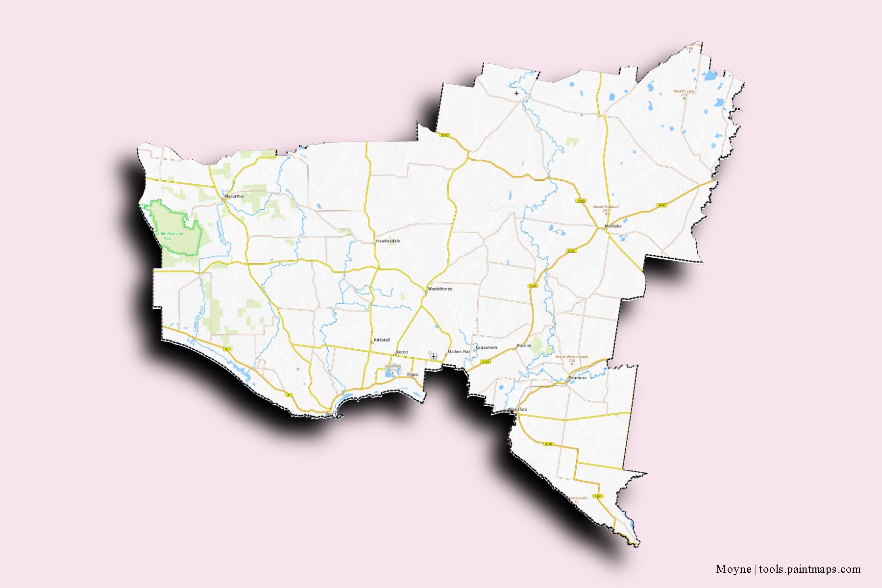 Moyne neighborhoods and villages map with 3D shadow effect