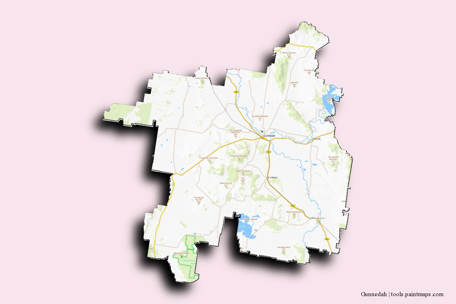 Mapa de barrios y pueblos de Gunnedah con efecto de sombra 3D