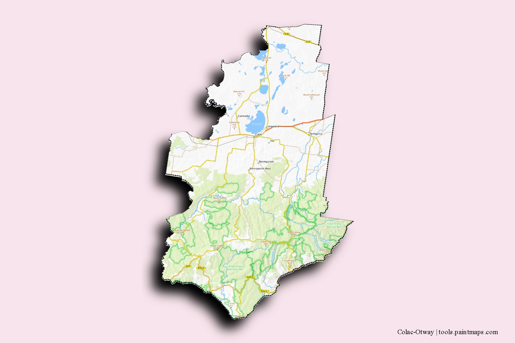 Colac-Otway neighborhoods and villages map with 3D shadow effect