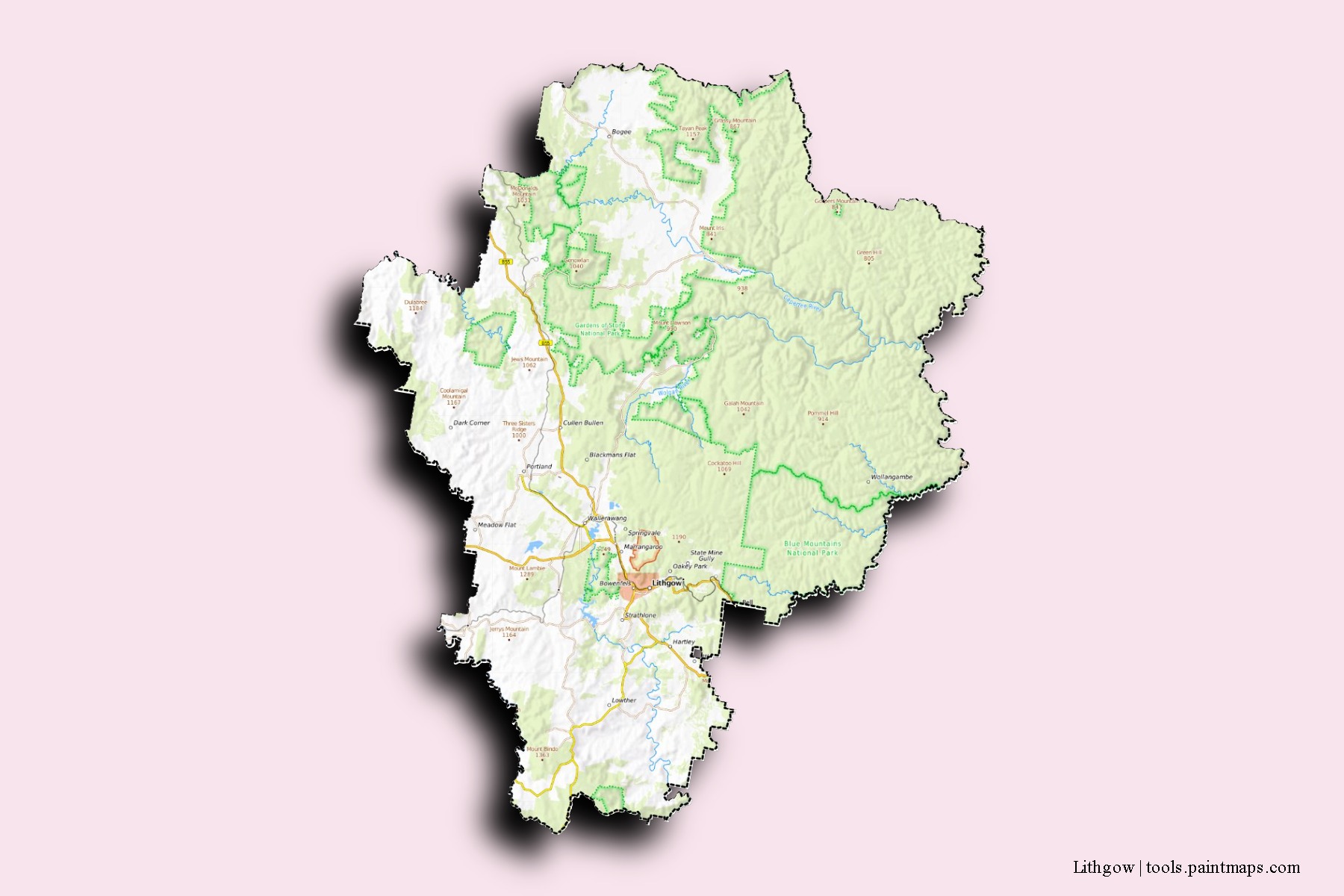 Mapa de barrios y pueblos de Lithgow con efecto de sombra 3D