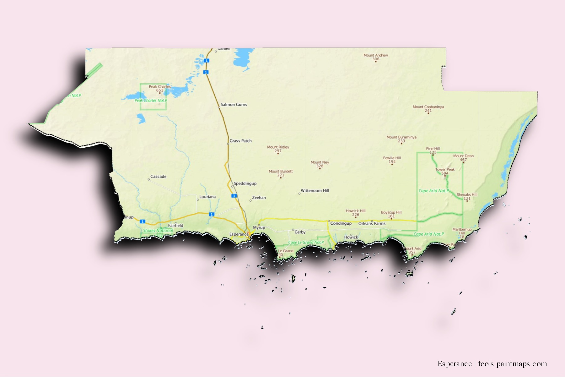 Mapa de barrios y pueblos de Esperance con efecto de sombra 3D