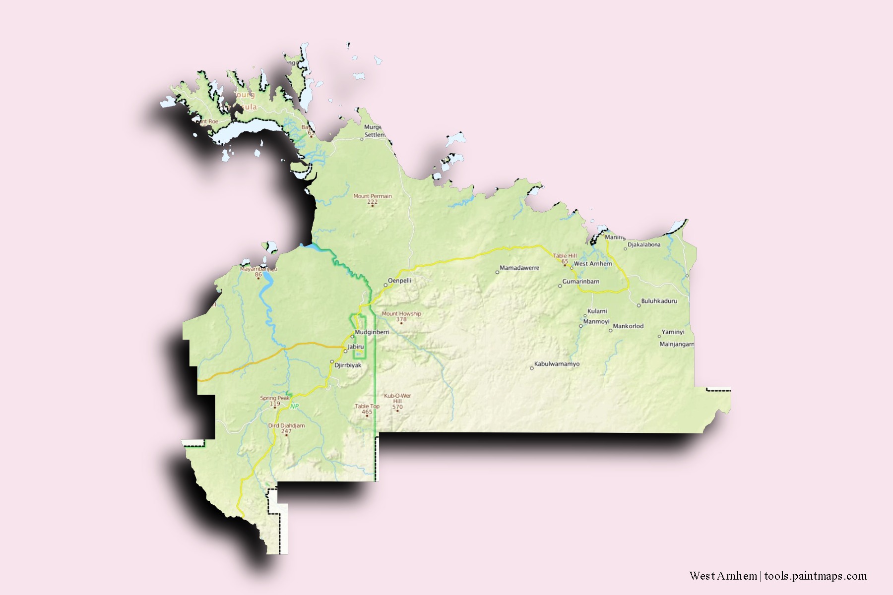 Mapa de barrios y pueblos de West Arnhem con efecto de sombra 3D