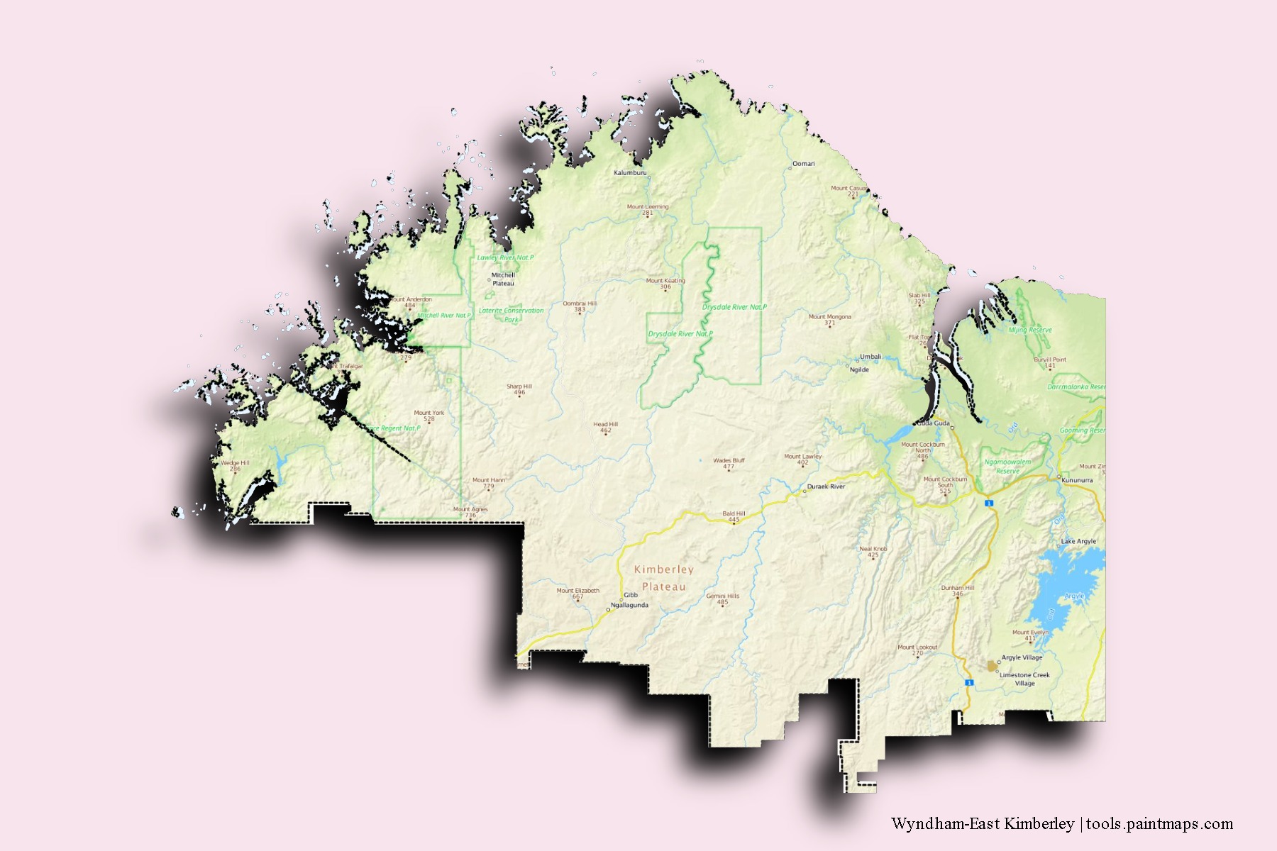 Wyndham-East Kimberley neighborhoods and villages map with 3D shadow effect