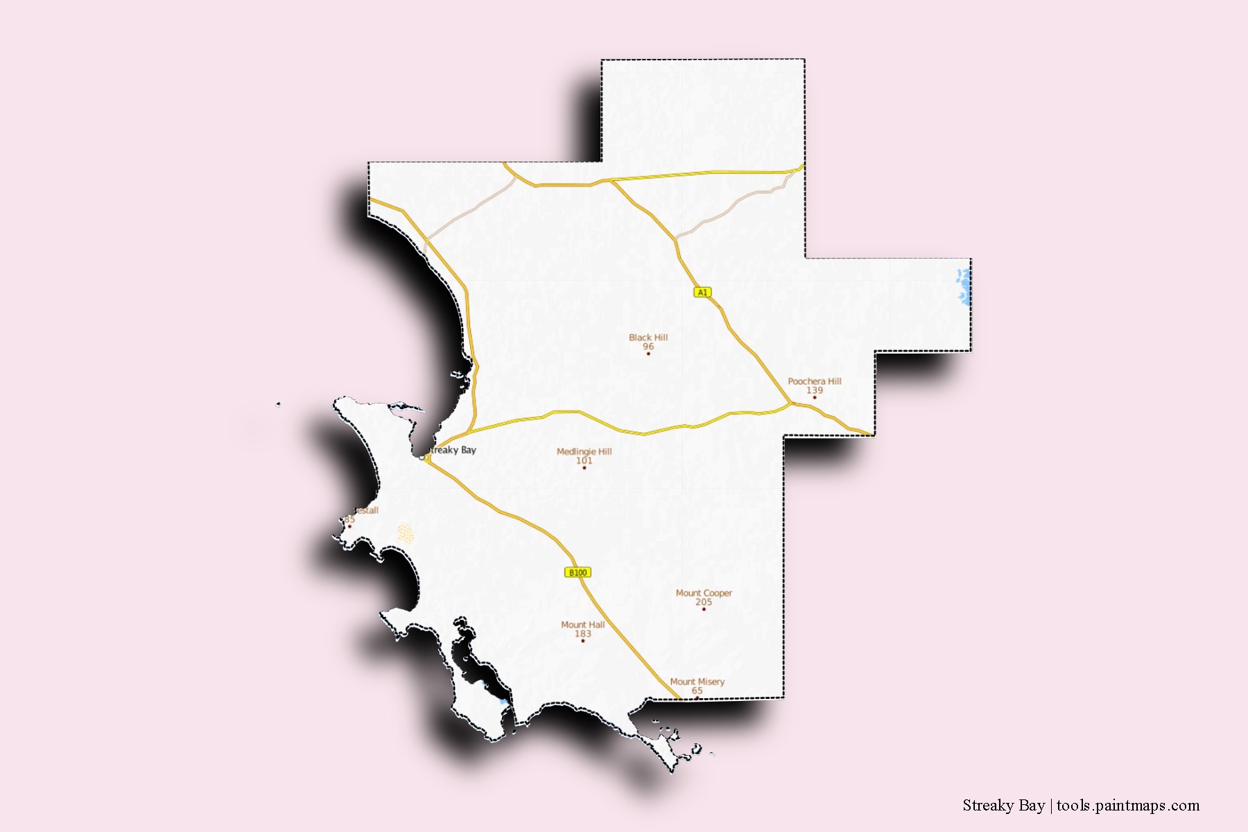 Mapa de barrios y pueblos de Streaky Bay con efecto de sombra 3D