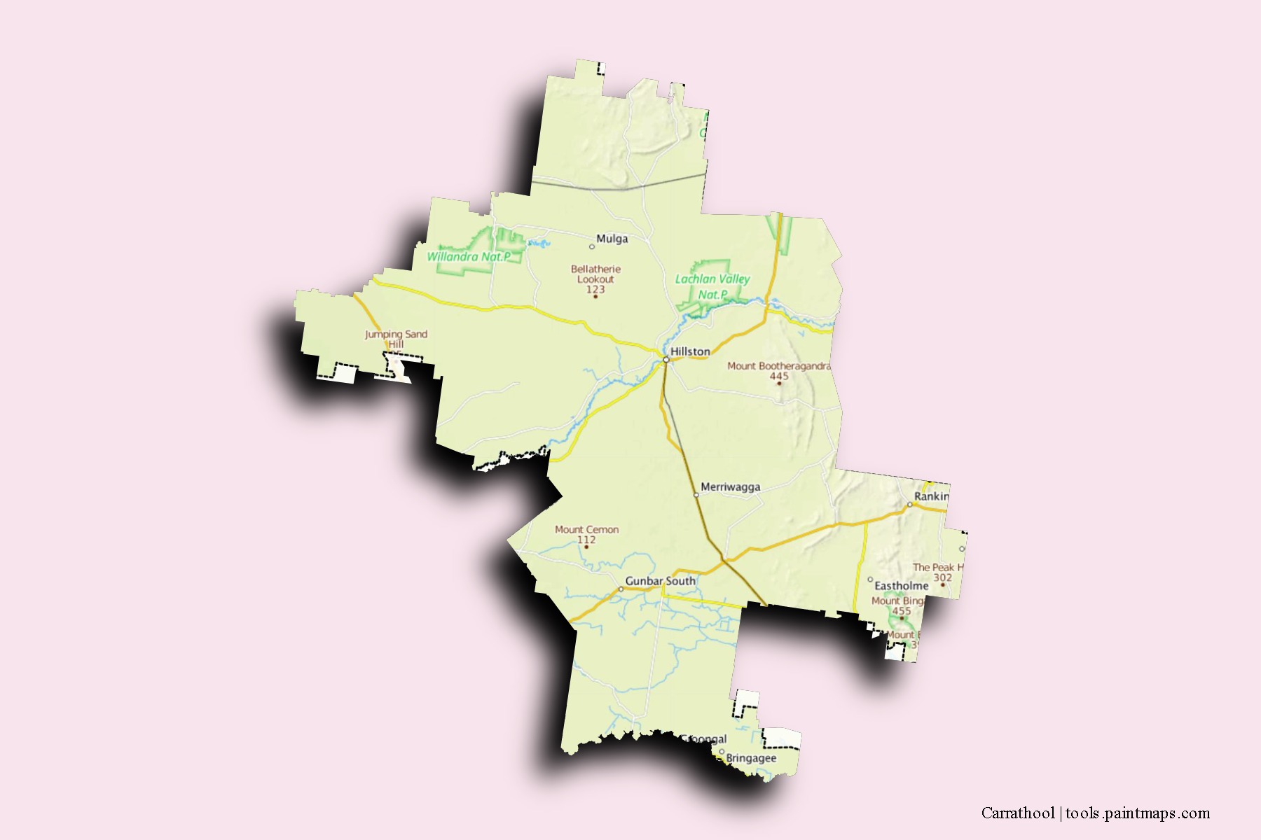 Mapa de barrios y pueblos de Carrathool con efecto de sombra 3D